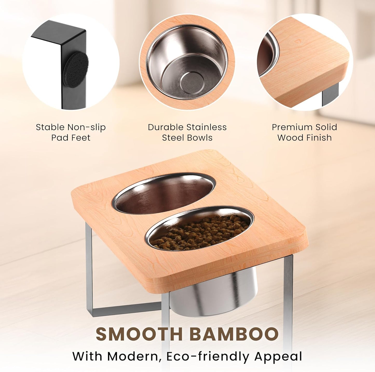 4.7" Tall Elevated Dog Bowls - Ergonomic Stainless Steel Dog Bowls with 10° Tilt in Bamboo Wood Stand for Puppies, Small, and Short-Legged Breed