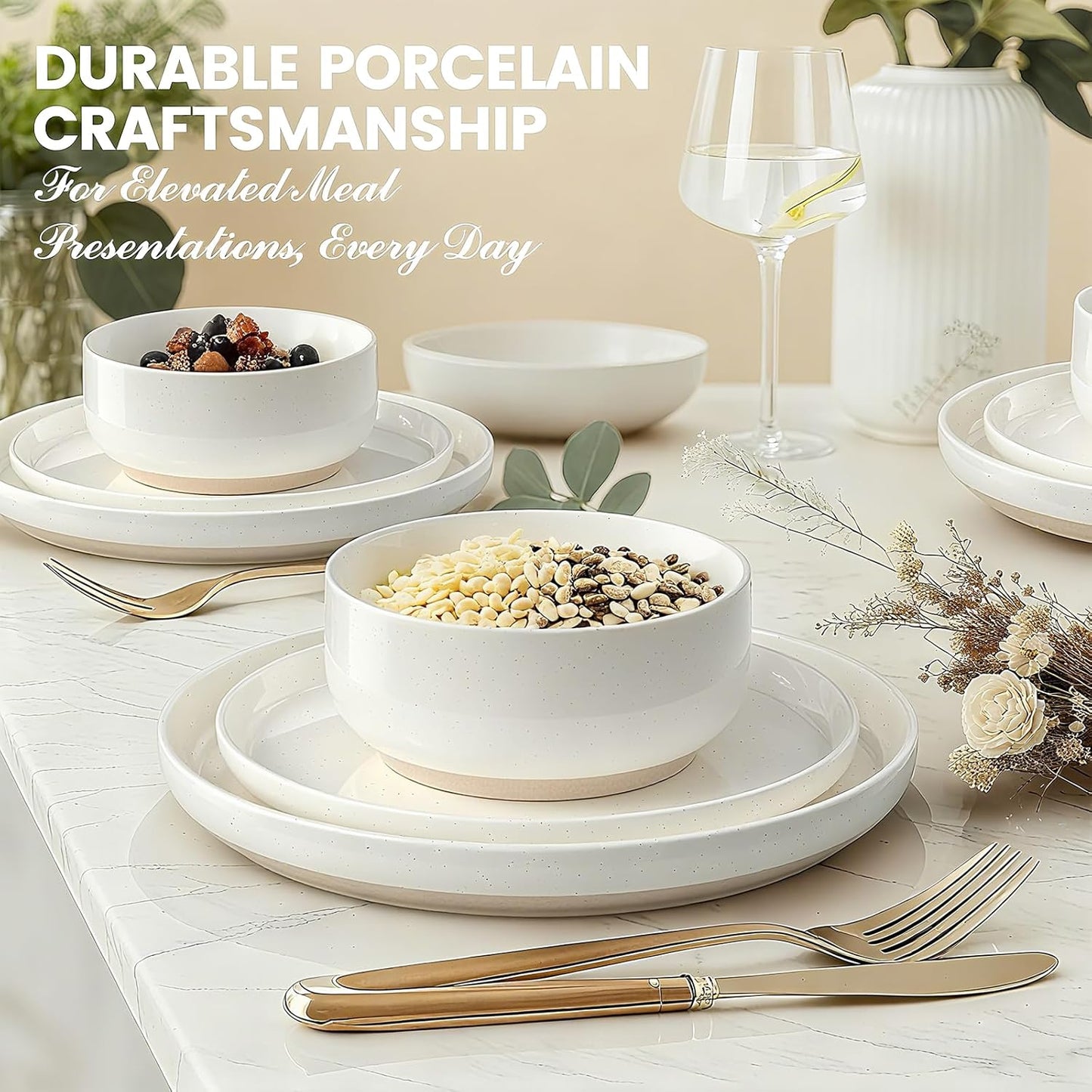 Plates and Bowls Sets, Dinnerware Sets for 4, 12 Pieces Scratch Resistant Dishware Dishes Set, Ceramic Kitchen Dinner Set, Porcelain & Microwave and Dishwasher Safe, Cream White