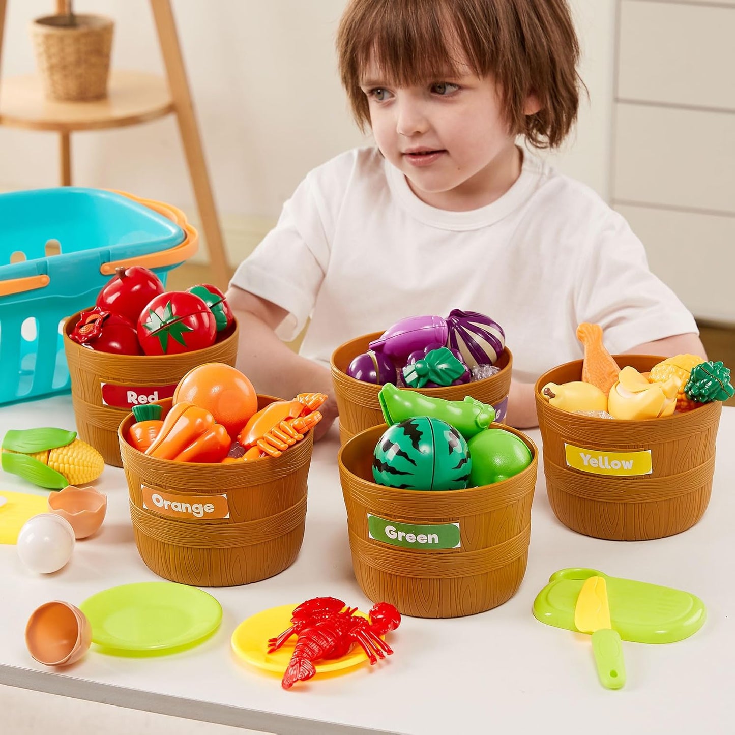 JOYIN Learning Toys Play Food Set for Toddlers, Cutting Food for Preschool Activities, Play Kitchen Accessories, Educational Toys, Color Sorting Set for Boys & Girls, Easter Basket Stuffers