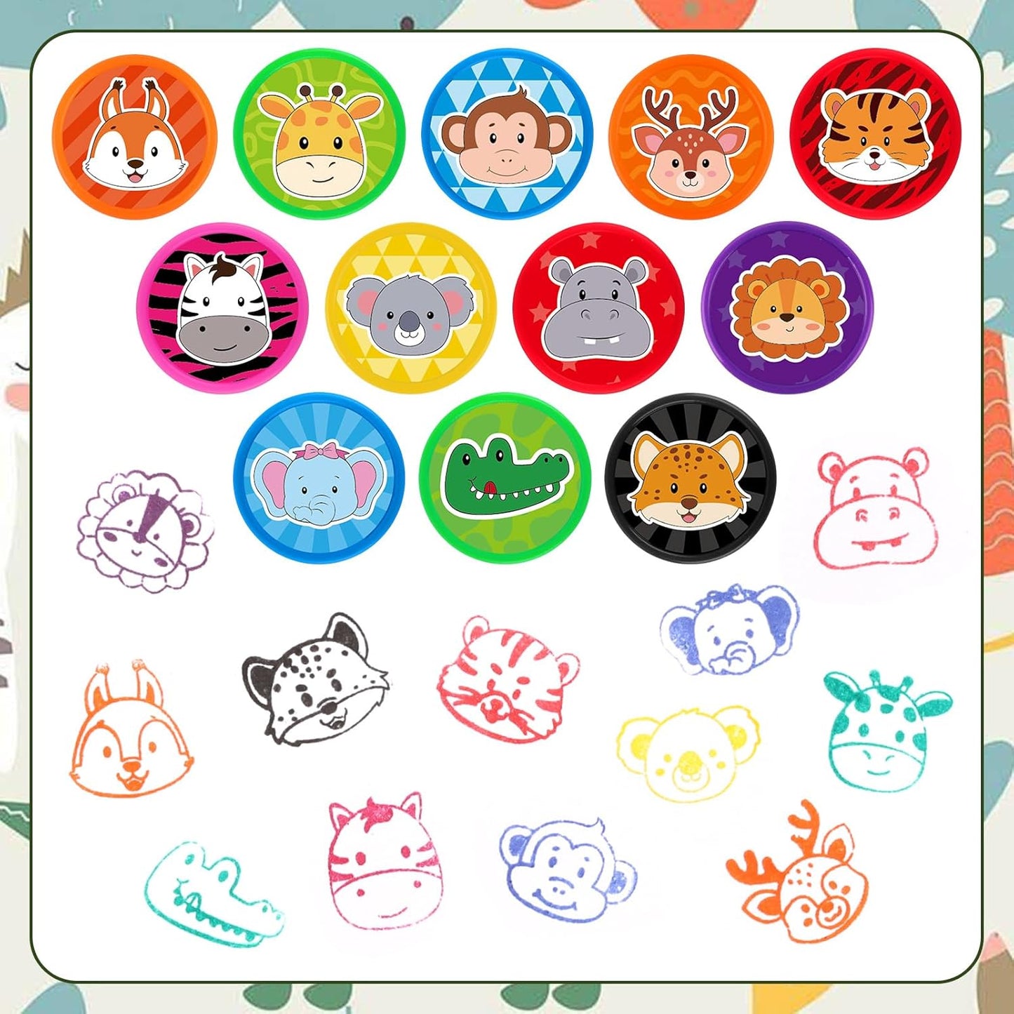 Hxezoc 24 Pieces Safari Animal Print Stamp, Mini Colorful Self Inking Jungle Animal Stamps Party Favors Assorted Stamp Set for Classroom Party Educational Learning Activities Supplies