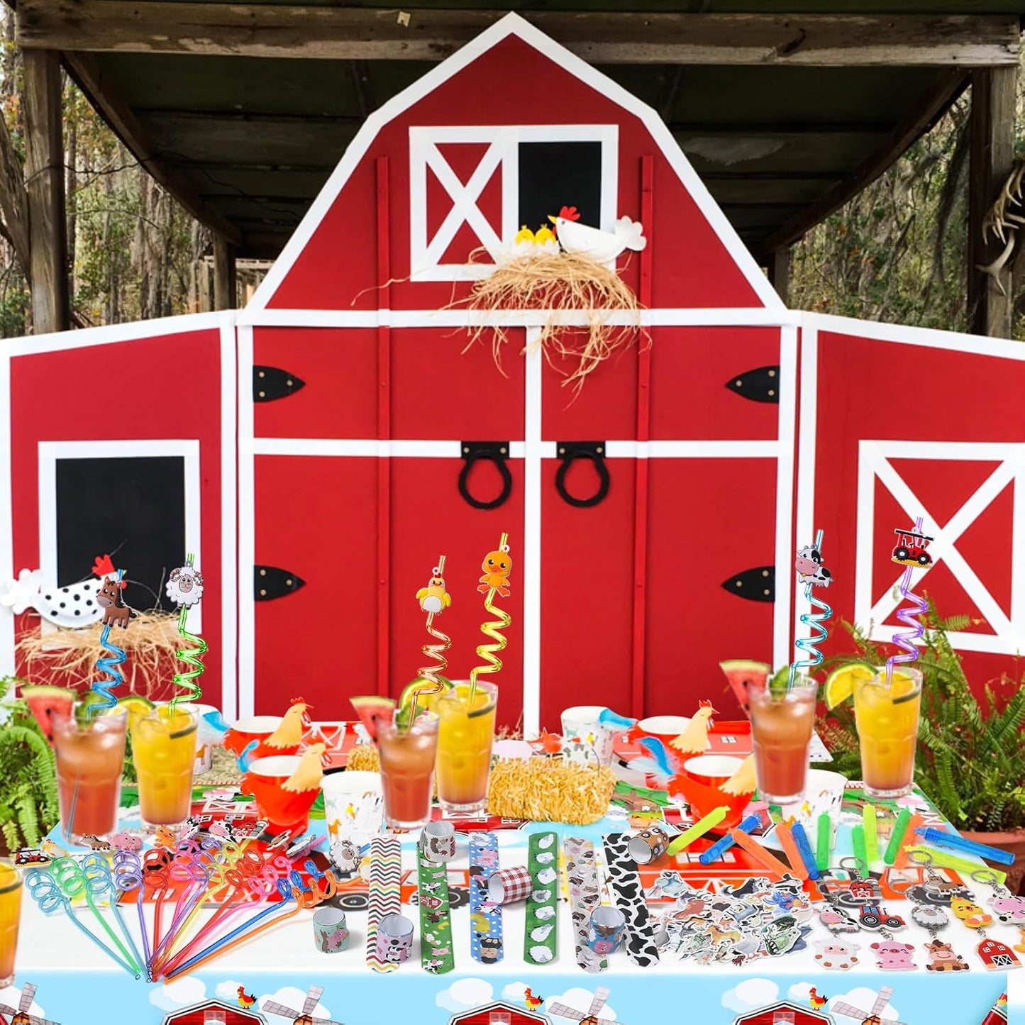 Winrayk 98Pcs Farm Animals Party Favors Barnyard Birthday Supplies, Drinking Straw Mini Bubble Wand Slap Bracelet Keychain Sticker, Goody Bag Stuffer Filler Girl Boy Kids Farm Theme Party Favors Decor