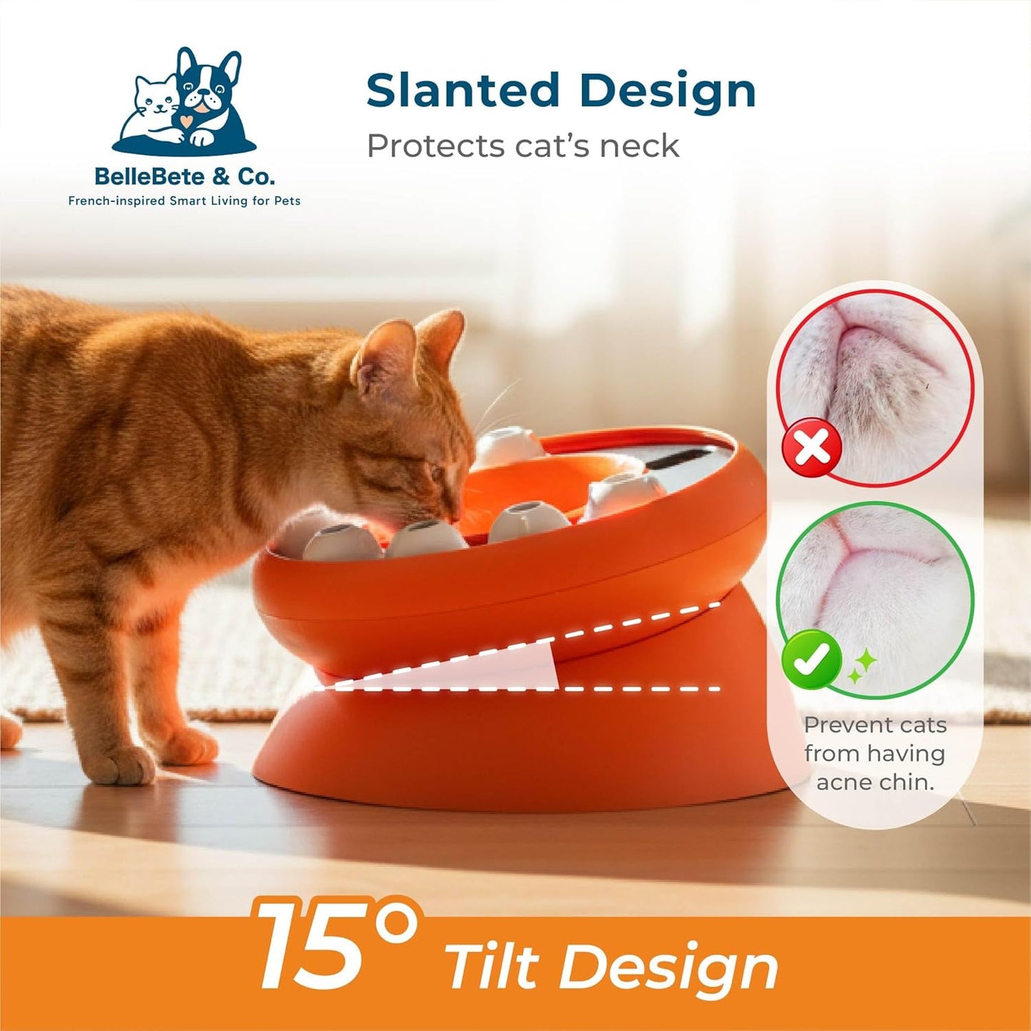 BelleBête & Co. 2-in-1 Elevated Cat Slow Feeder Bowl – 15° Tilted Interactive Puzzle Feeder with Rotate-to-Feed & Non-Slip Base, Anti-Gulping & Digestive Health for Indoor Cats | Pink
