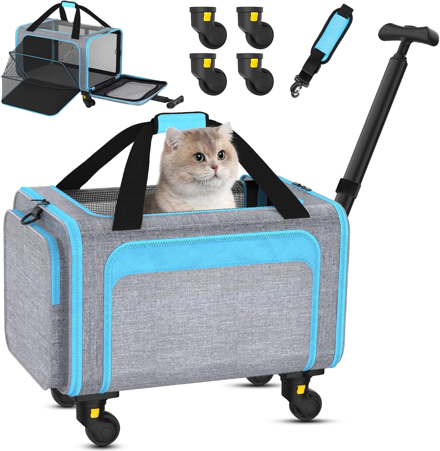 Rolling Pet Carrier with Detachable Wheels - 18x11x11 TSA Airline Approved for Southwest Delta United American, Soft Sided Expandable Travel Bag for Small Dogs & Cats up to 15Lbs, Fits Under Seat
