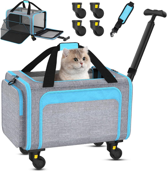 Rolling Pet Carrier with Detachable Wheels - 18x11x11 TSA Airline Approved for Southwest Delta United American, Soft Sided Expandable Travel Bag for Small Dogs & Cats up to 15Lbs, Fits Under Seat
