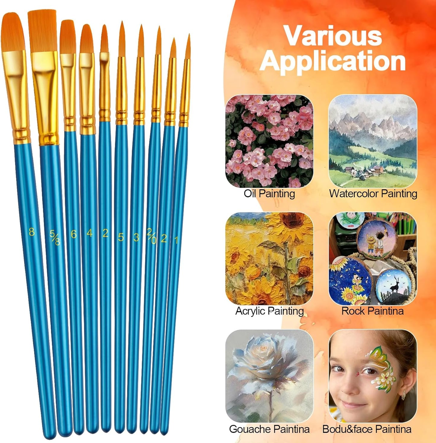 Paint Brushes Set, 5 Pack 50 Pcs Round-Pointed Tip Paintbrushes Nylon Hair Artist Acrylic Paint Brushes for Acrylic Oil Watercolor, Face Nail Art, Miniature Detailing & Rock Painting, Blue
