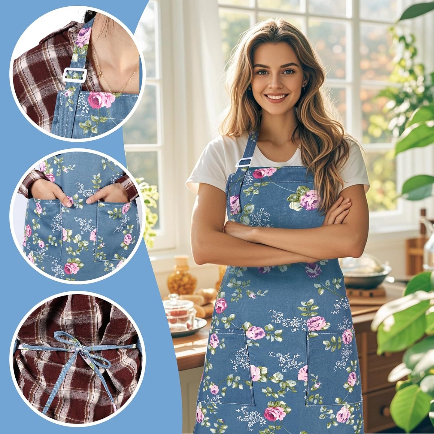 Apron for Women with Pockets, 3 Pcs Floral Print Canvas Apron with Adjustable Neck Strap for Cooking, Baking, Gardening, Crafts