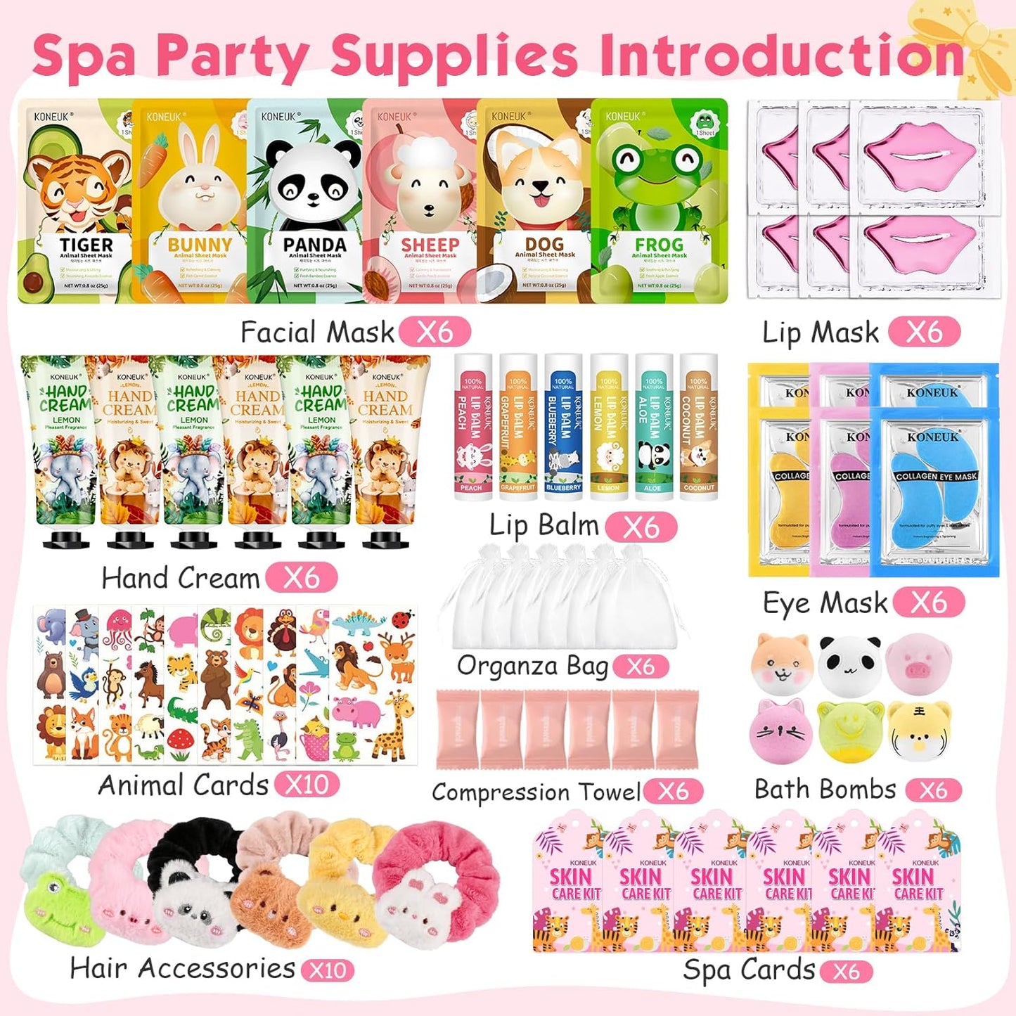 70PCS Animal Spa Party Supplies for Girls, Spa Party Favors Kit Include Girls Face Mask, Lip and Eye Mask Set, Lip Balm, Hand Cream and Foot Bath Bombs, Spa Birthday and Sleepover Party Supplies Gifts