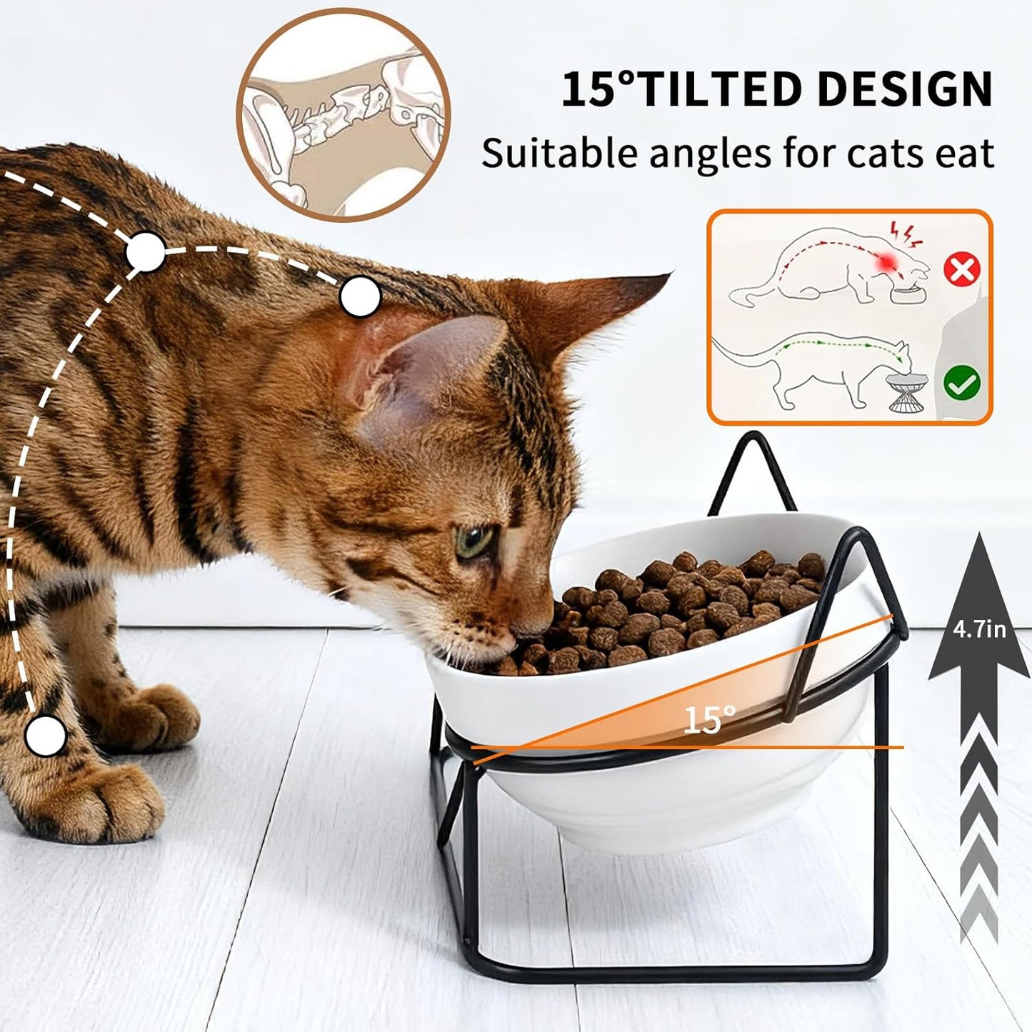 Elevated Cat Food Bowl,Ceramic Raised Water Bowl for Indoor Cats, 15°Tilted Metal Stand Anti Vomiting and Protect Spines,Whisker Fatigue Feeding Dishes,Non-slip and Dishwasher Safe