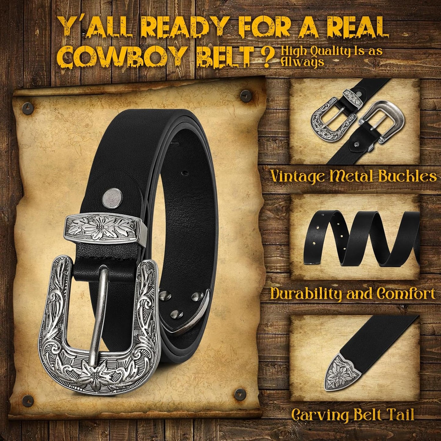 JASGOOD Women Leather Belts Ladies Vintage Western Design Black Waist Belt for Pants Jeans Dresses