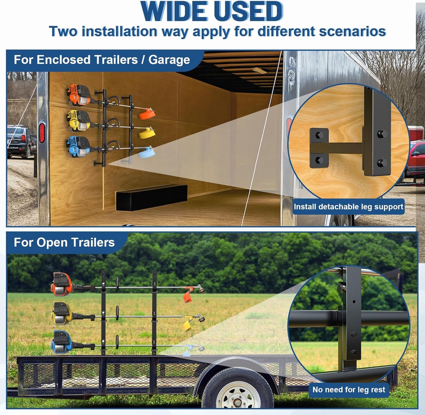 Weed Eater Rack for Enclosed Trailer with Locks, 3 Place Weedeater Rack for Open/Enclosed Trailers Spring Hasp Trimmer Rack 360° Sponge Pad Enclosed Trailer Accessories Lawn Care Equipment