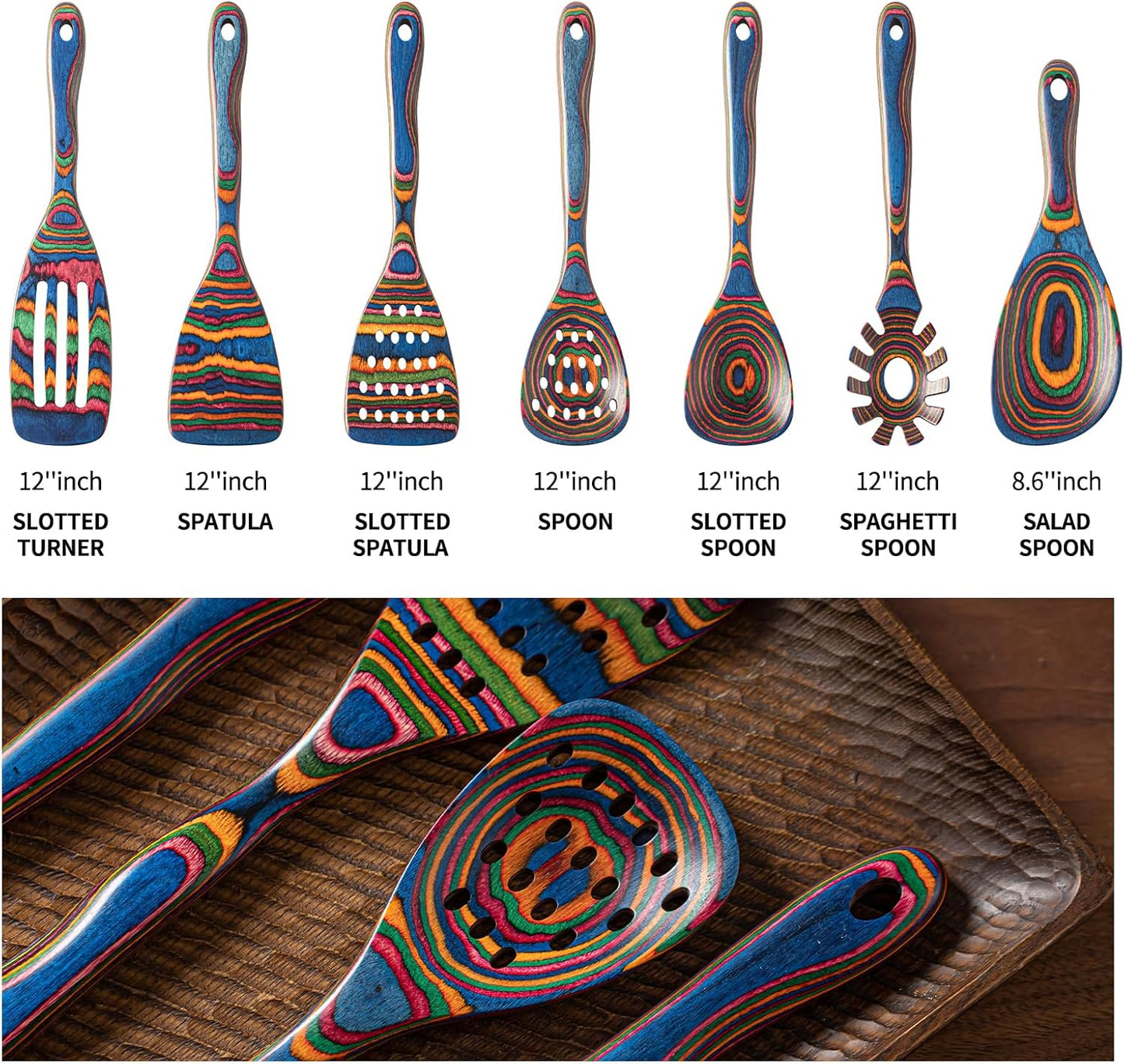 Gudamaye Pakka wood 7-Piece Blue Wooden Cooking Utensils, Wooden Spoons for Cooking, Wooden Spoon Set, Wooden Kitchen Utensil set, Pakkawood Cooking Spoons, Non-Stick Spoon,Pakkawood kitchen utensils