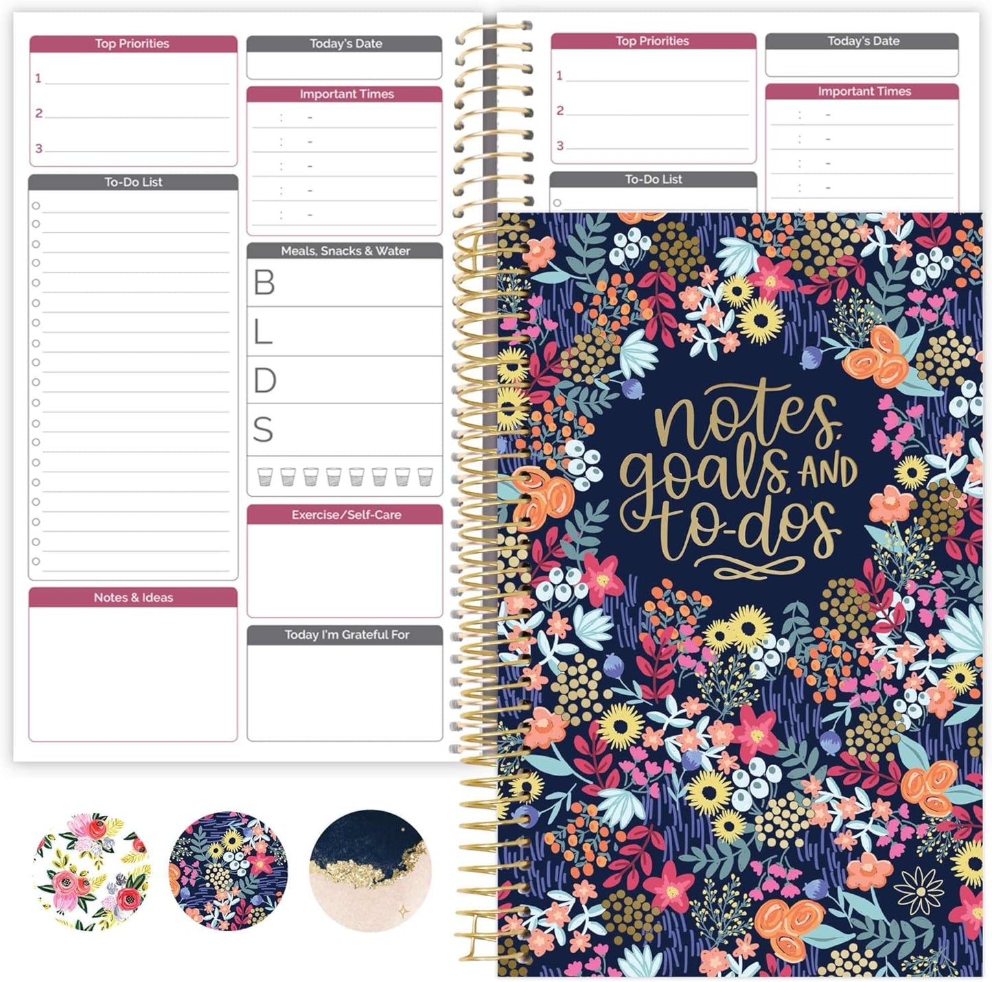 bloom daily planners Bound To Do List Notebook - Undated Daily Planner with 186 pages for Daily Tasks & Appointments- Spiral To Do List Notepad Book for Office, Home, School - Floral Dots V2