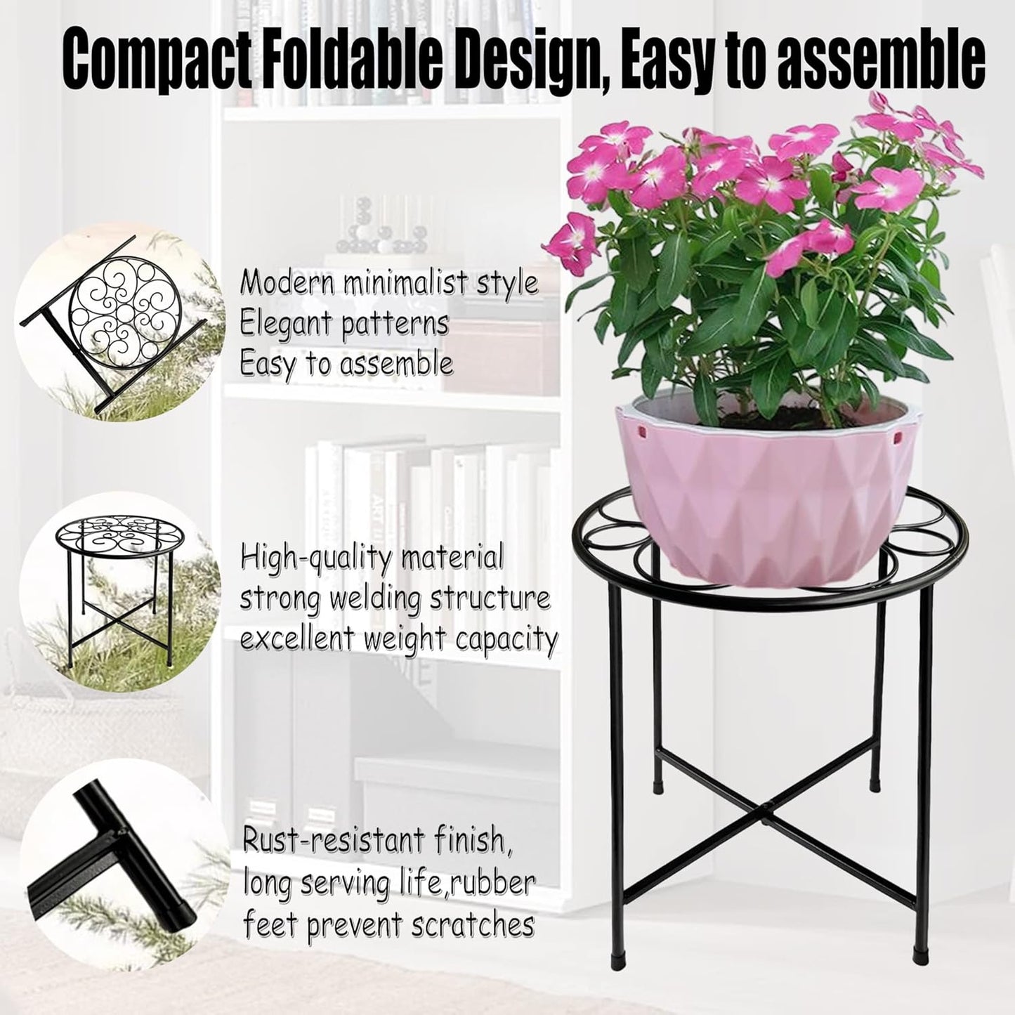 Plant Stand, 15'' Tall Indoor Outdoor Set of 1, Retro Design Round, Rust-Proof Coated Metal Pot Stand for Flowers, Patio Garden Home Decor - Black