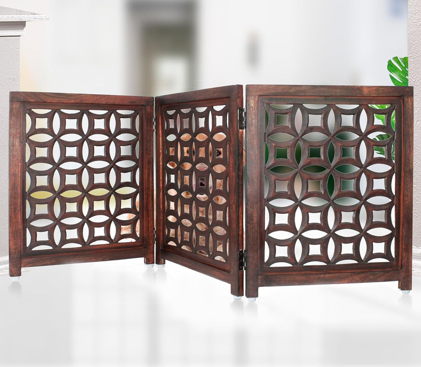 Wooden Foldable Pet Dog Safety Gate -3 Panels 20"Wx24"H- Hand Carved Solid Wood And MDF - Free Standing Portable Indoor Doorway Hall Stairs Dog Puppy Fence - Fully Assembled - Antique Brown -IRONGATE