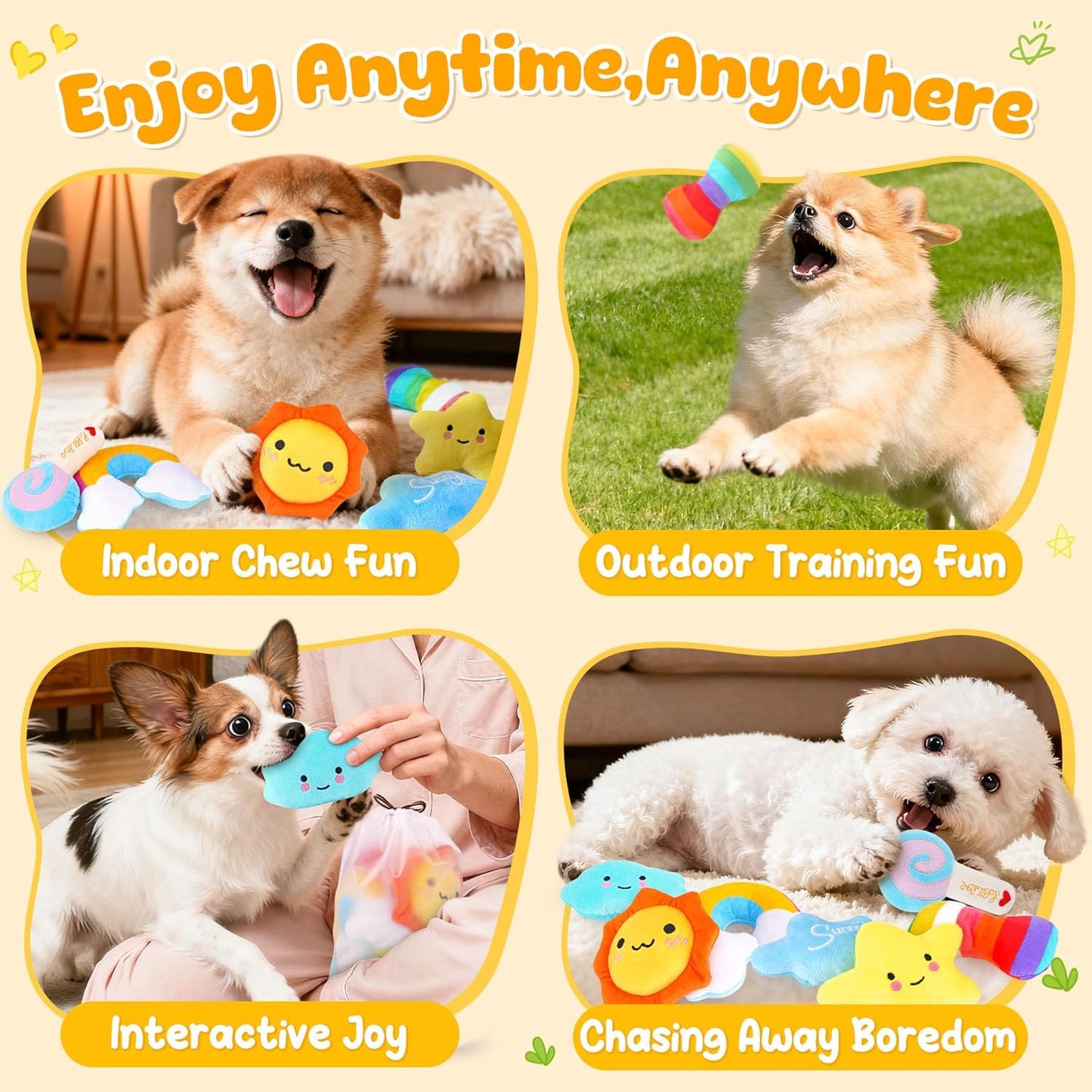 KIPRITII Whimsical Squeaky Dog Toys for Small Dogs & Puppies – Plush Toys Pack with Storage Bag, 9 Pcs Stuffed Puppy Chew Toys with Squeakers to Relieve Boredom