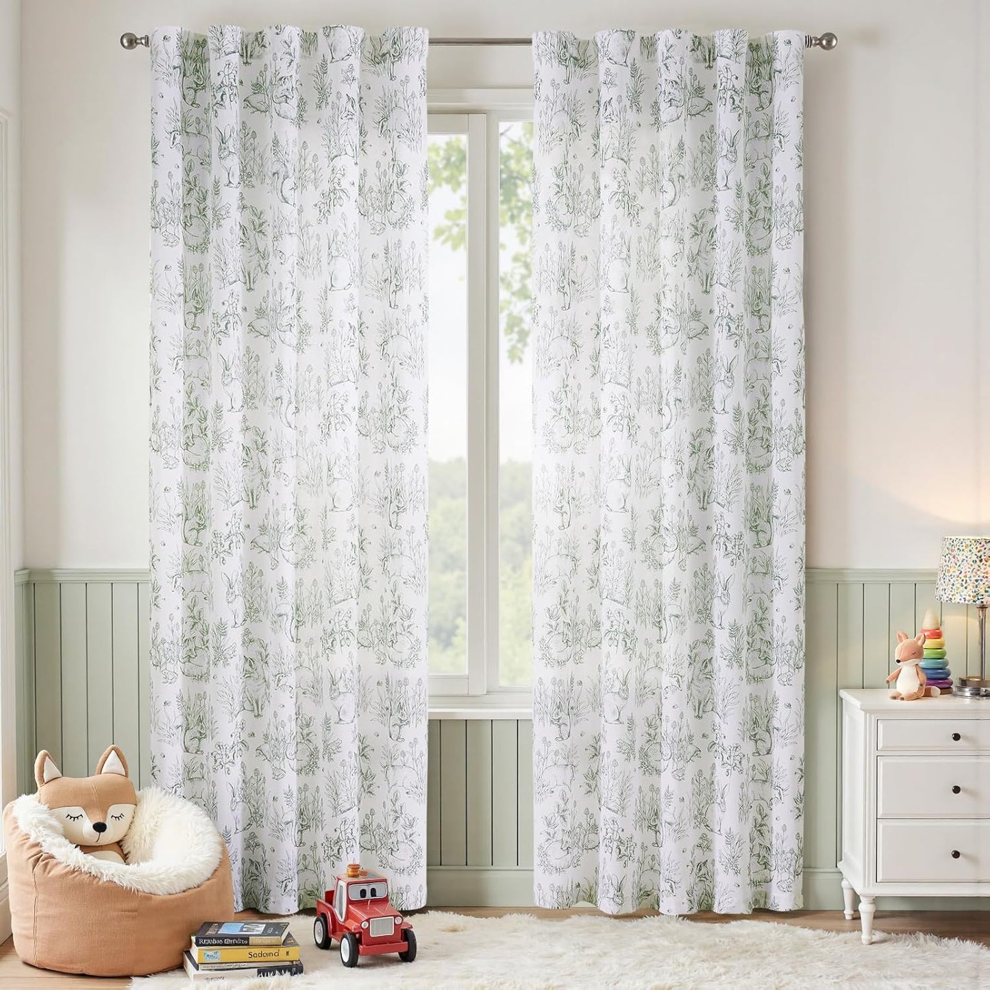 jinchan Easter Decor Linen Nursery Curtains 84 inch Long Woodland Wildlife Sage Green Print Drapes for Kid's Room Light Filtering French Country Farmhouse Curtains with Bunny Design Set of 2 Panels