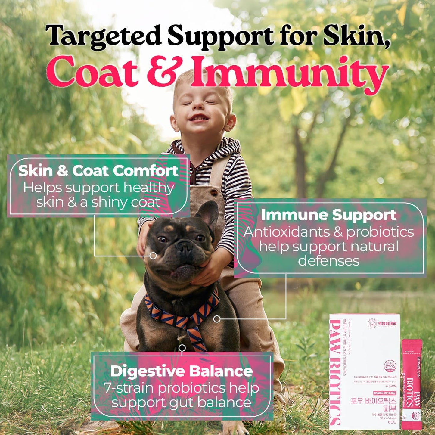 Pawbiotics Skin & Coat Probiotic Sticks for Dogs & Cats, 7-Strain Probiotic with KT-11, Collagen & Hyaluronic Acid, Skin Coat Gut & Immune Support, Blueberry Flavor, 30 Sticks (2.1 oz), Made in Korea