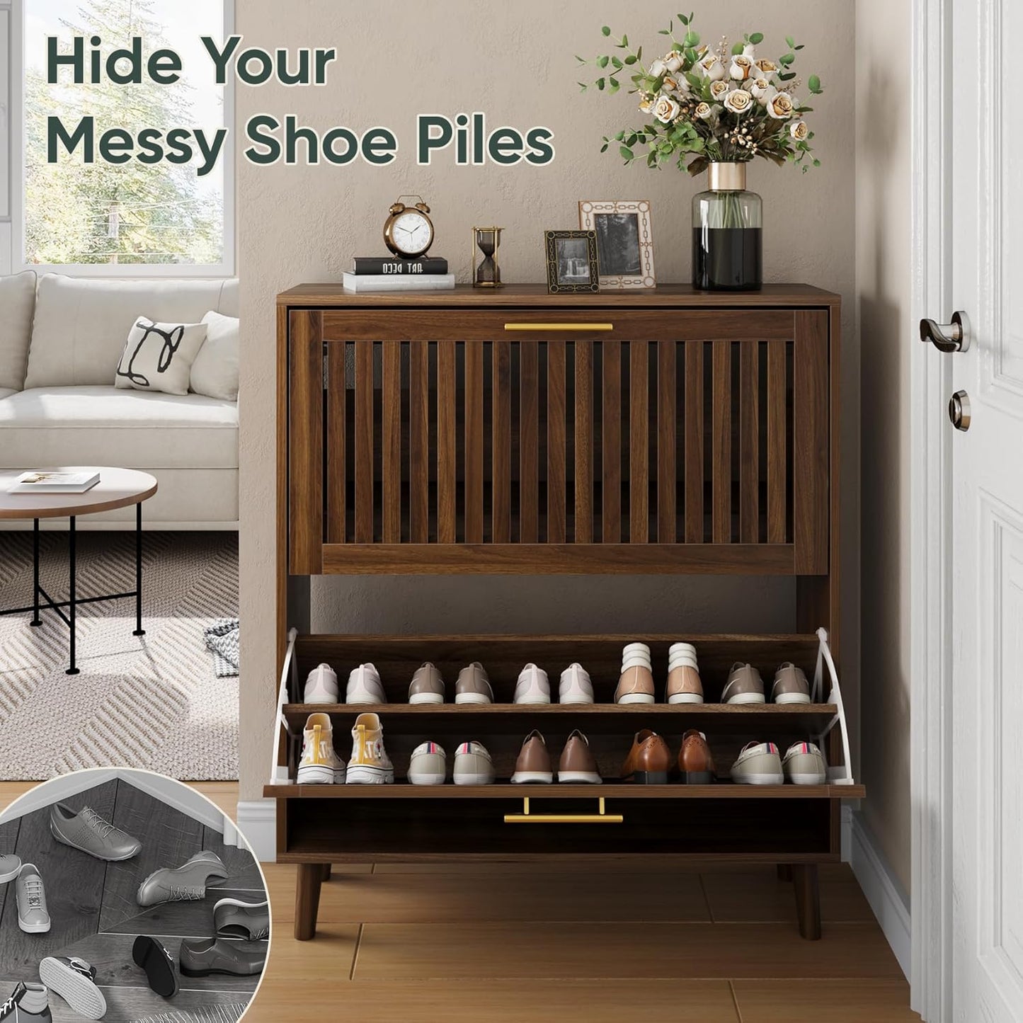 31.5" W Shoe Cabinet Storage for Entryway with 2 Flip Drawers, Shoe Cabinet with Slatted Panel, Hidden Shoe Rack Freestanding Slim Shoes Organizer for Hallway, Entrance, Walnut