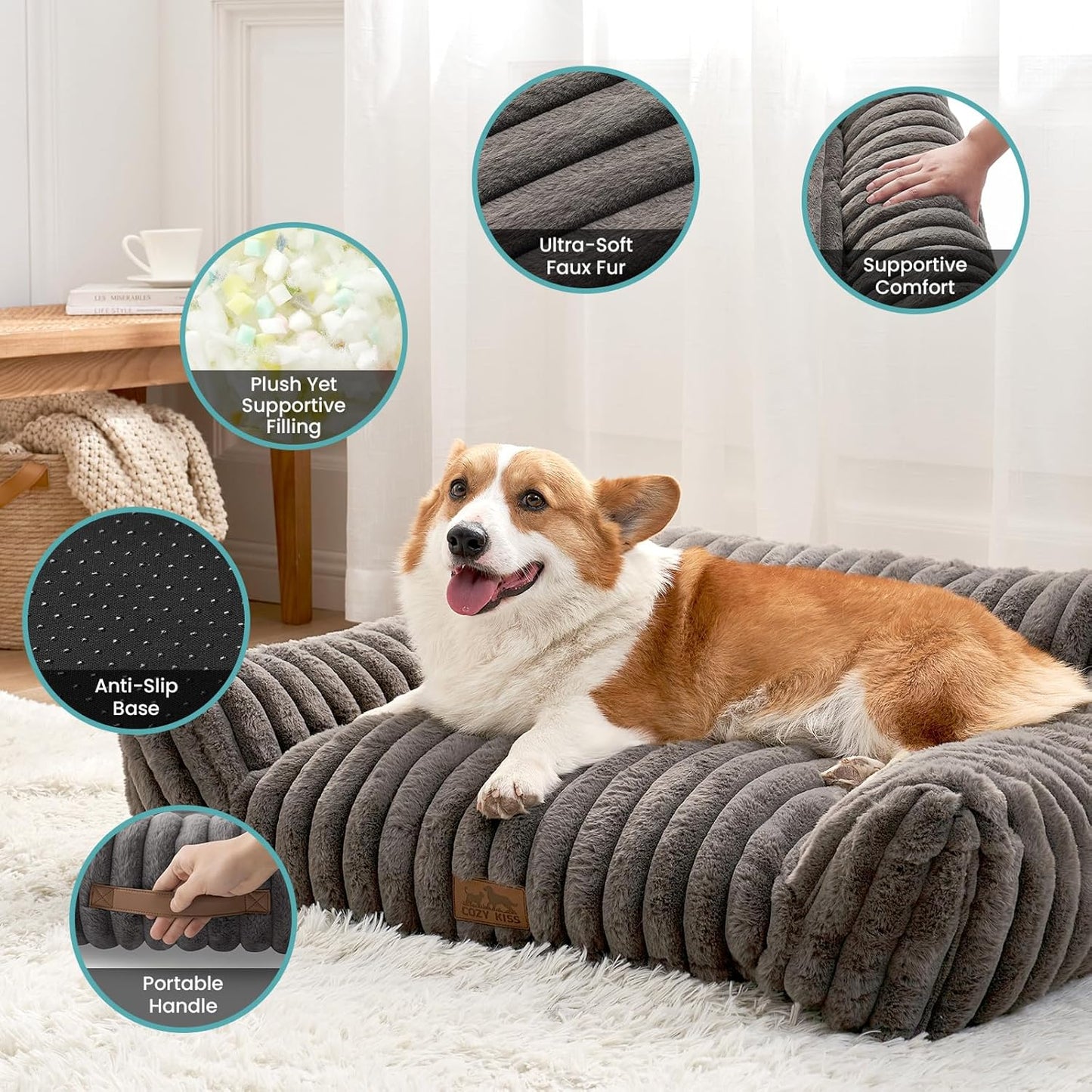 Cute Cat Couch, Fluffy Sofa Bed for Cats and Small Dogs, Premium Faux Rabbit Fur Cats beds for Indoor Cat, Ultra-Soft Supportive Pet Couch Furniture (Grey, M: 31.5''x23.5'')