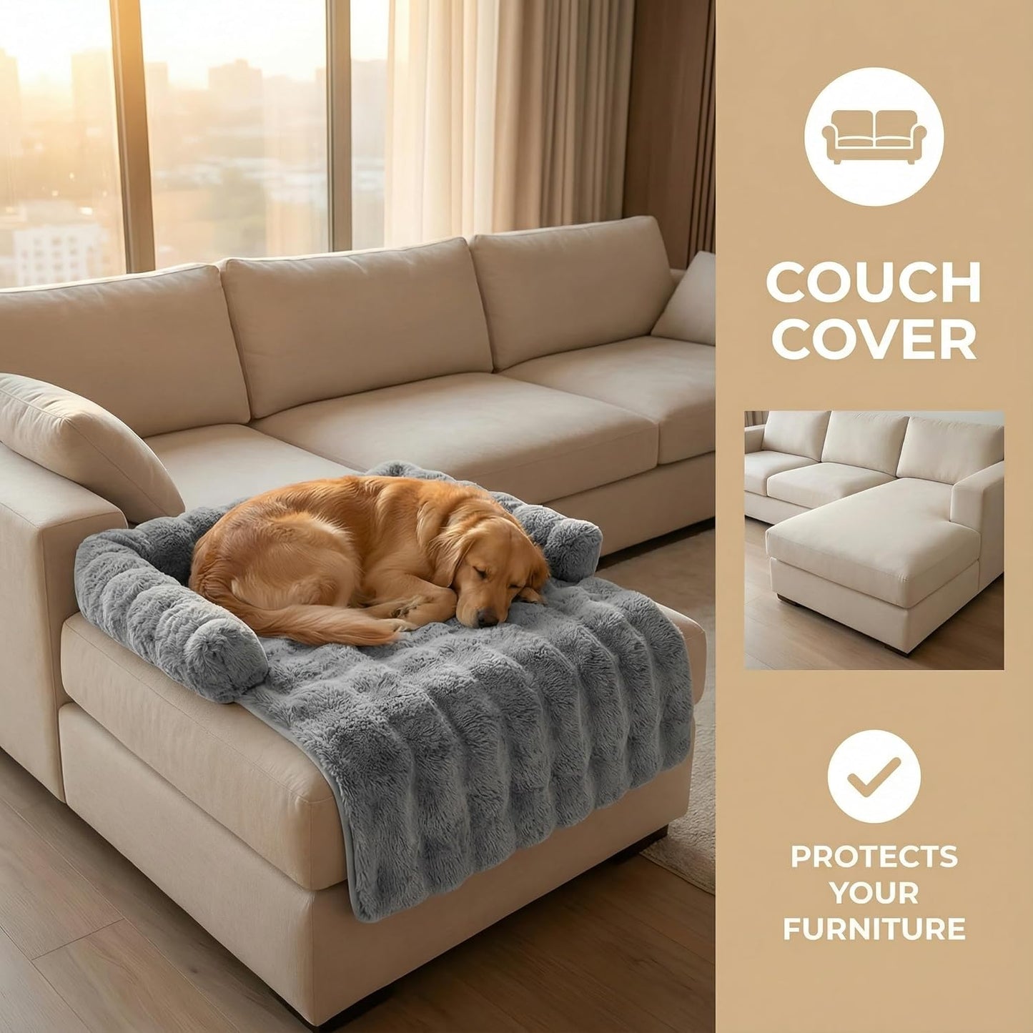 Calming Dog Bed for Couch, 29.5 x 29.5 inch Removable Couch Cover for Dogs Washable, Non-Slip Fluffy Plush Dog Sofa Mat for Furniture Protector (Grey)