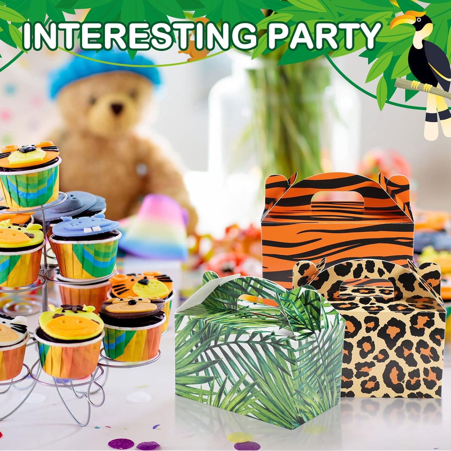 Spakon 24 Pcs Safari Gift Bags Bulk Jungle Animal Party Favor Boxes Zoo Wild Animal Print Gift Goodie Candy Bags Paper Wildlife Treat Boxes for Kids Safari Birthday Baby Shower Decoration Supplies