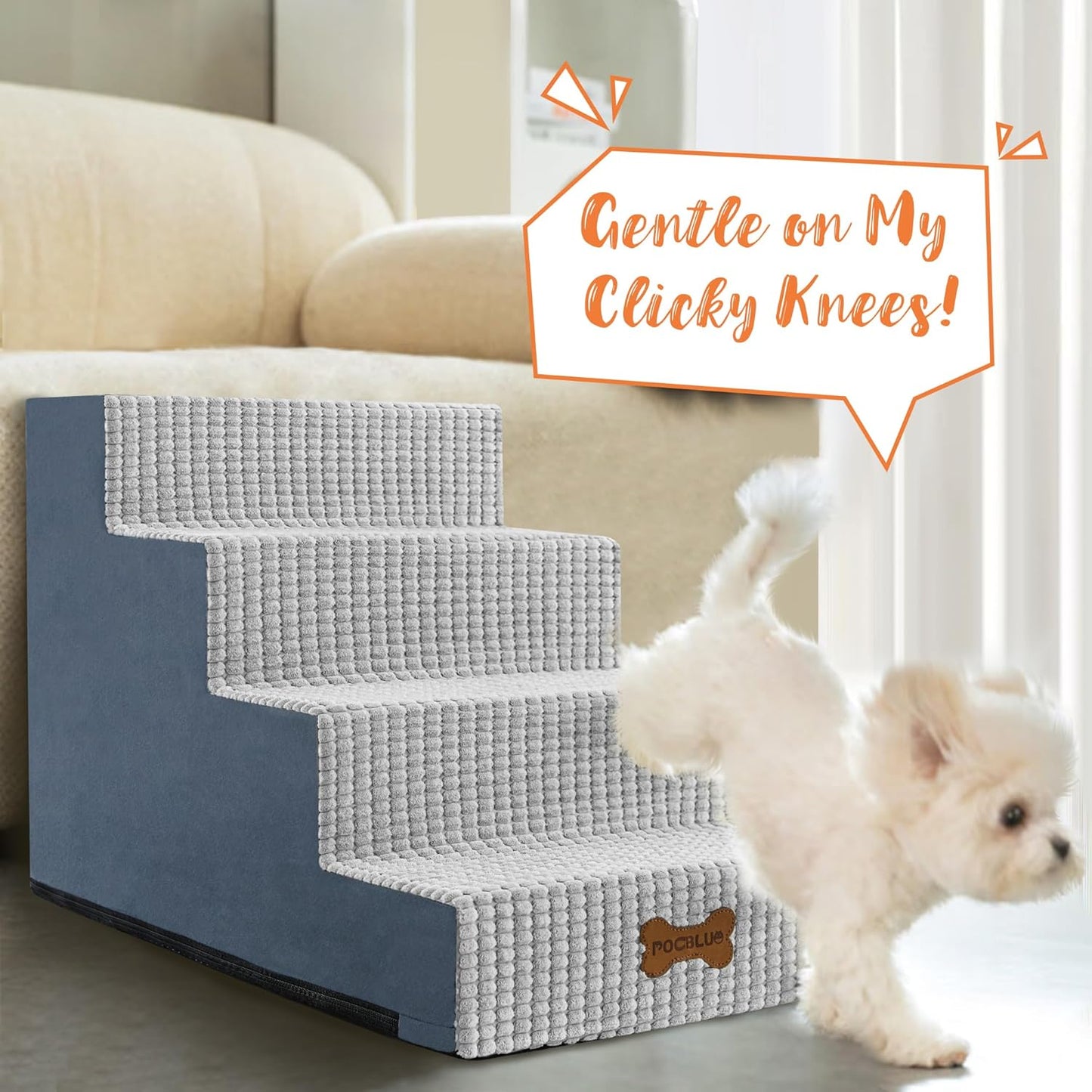 POCBLUE Dog Stairs for Small Dogs and Cats 13.3" H, 3-Step Pet Step for High Bed or Couch, Non-Slip Balanced Pet Ramp Indoor with High-Density Foam and Washable Cover, Grey