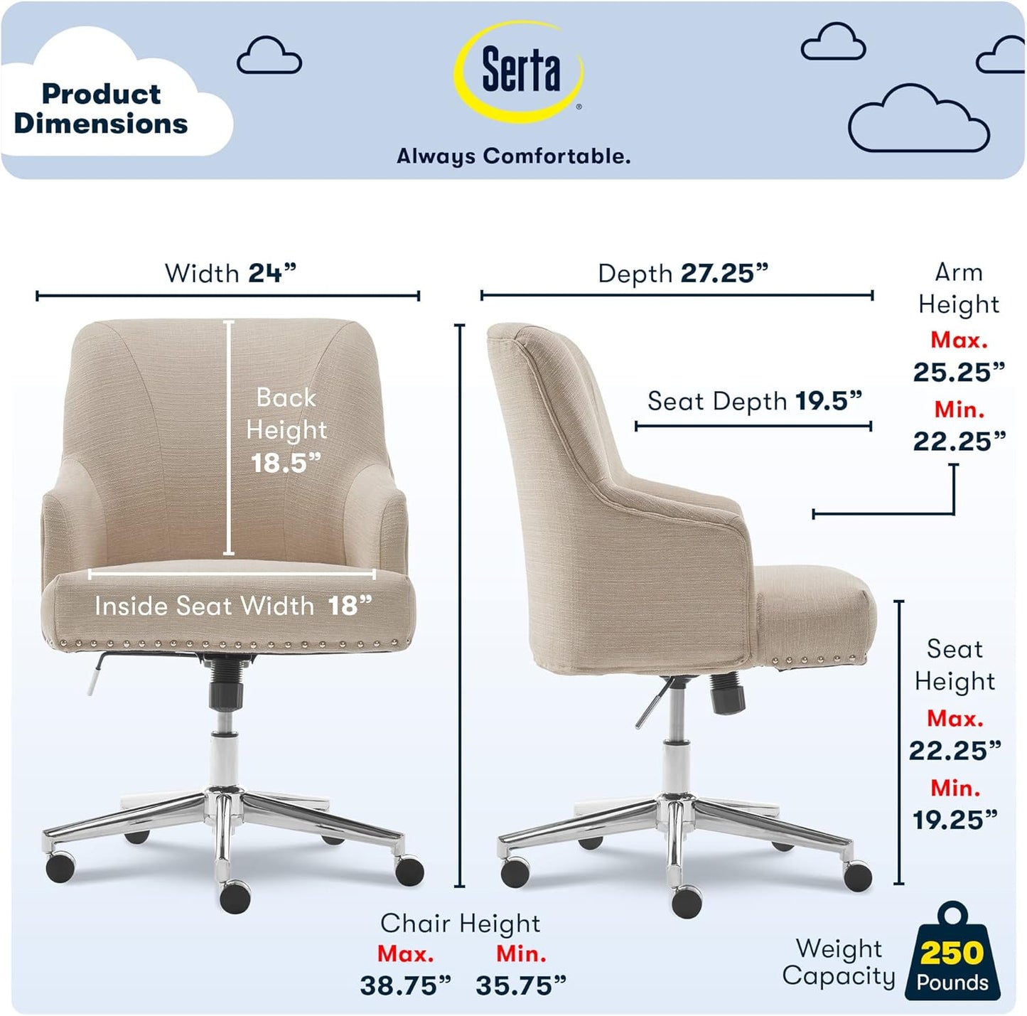 Serta Leighton Home Office Desk Chair, Mid-Back with Chrome Nailheads, Memory Foam Cushion and Padded Arms, Modern Makeup Vanity Armchair with Wheels, Swivel Base, Twill Fabric, Stoneware Beige