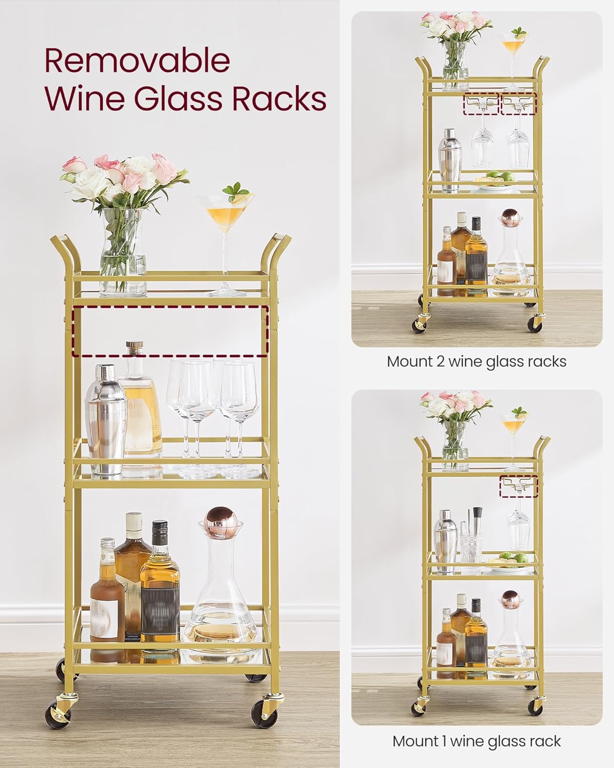 VASAGLE Bar Cart, Home Bar Serving Cart, Small Bar Serving Cart with 3-Tier Shelf, Wine Holders, Glass Holders, Mini Bar Cart for Small Spaces, Kitchen, Dining Room, Living Room, Pale Gold