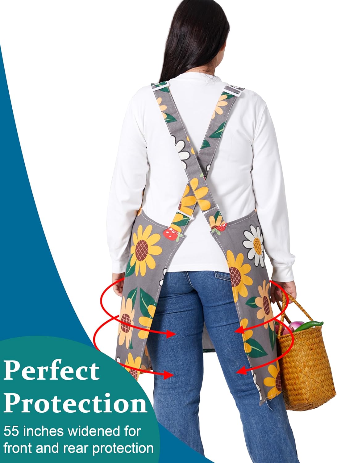 VIKIDEER Comfortable Huge Plus Size Aprons for Women Adjustable Cross Back Floral Cotton Linen Aprons