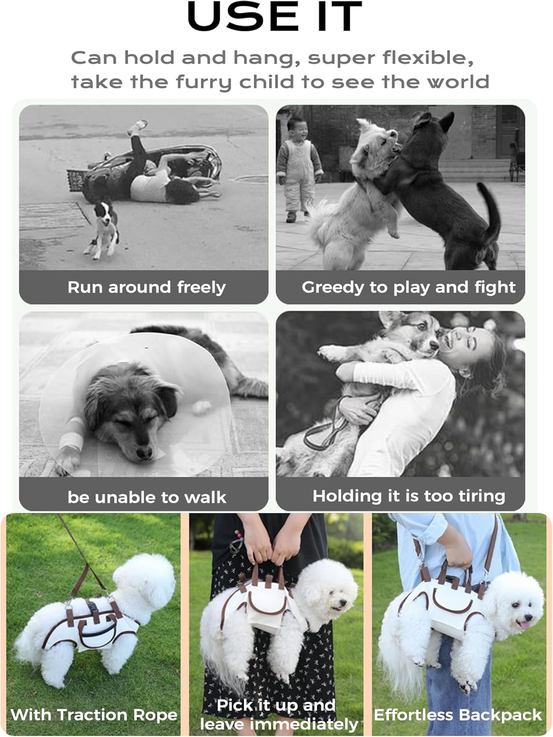 Dog Carry Sling, Full Body Sling with Handle, Hands Free Shoulder Carrier for Senior Dogs Joint Injuries, Joint Injuries, Up and Down Stairs (L, 14.3~19.8 lbs)
