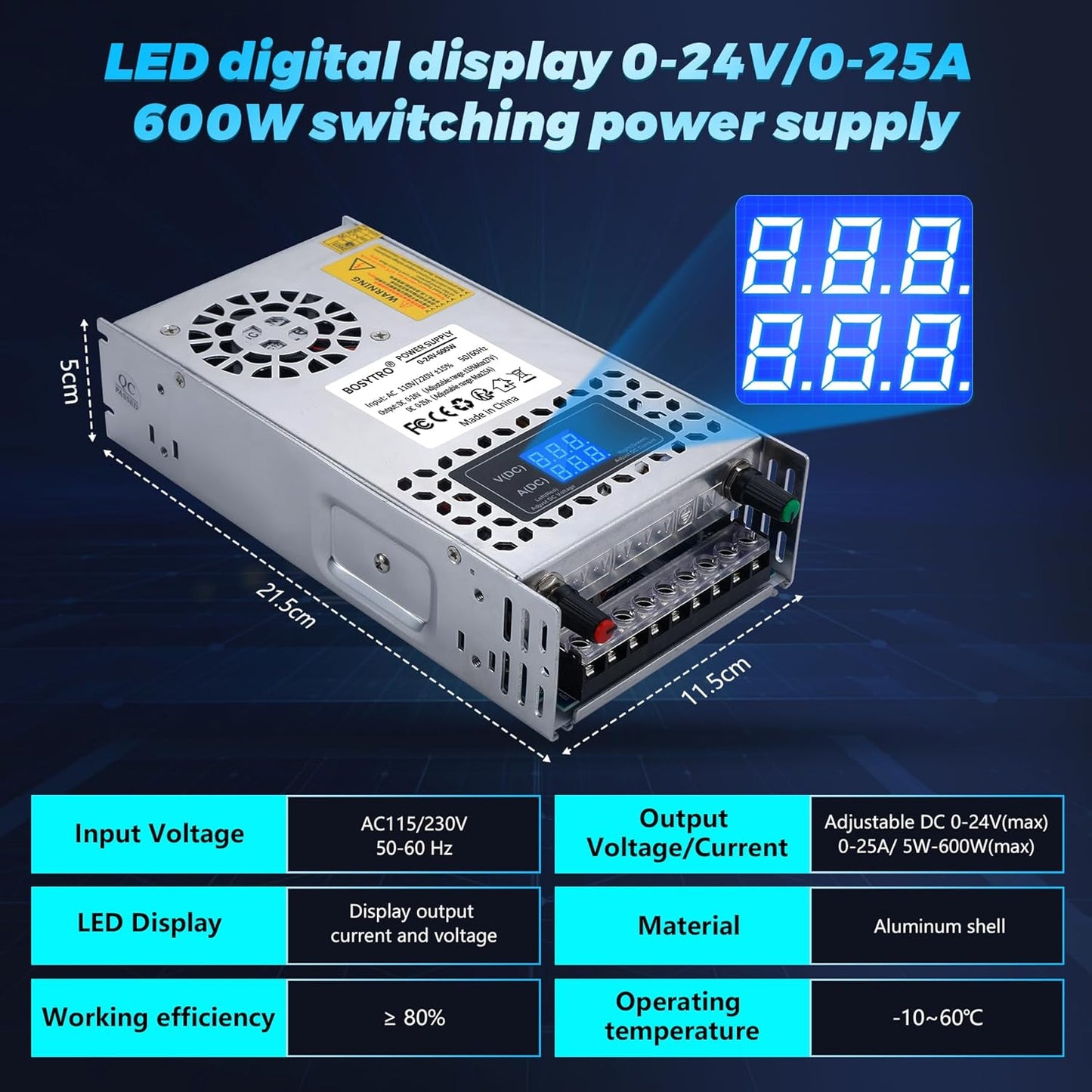 24V Adjustable dc Power Supply 600W,Switching Power Supply AC 110V/220V to DC 0-24V DC Converter with LED Digital Display, 5V 10V 12V 24V Buck Converter for 3D Printer,CCTV Computer Lab