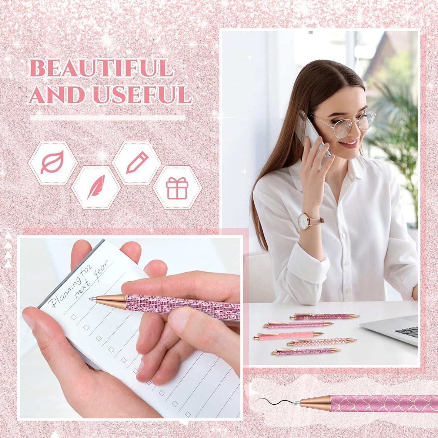 Sherr 7 Pcs Fancy Pens for Women Cute Sparkly Glitter Pens with 10 Pcs Black Ink Refills Pretty Gifts for Girls Office School Christmas Graduation(Cute)
