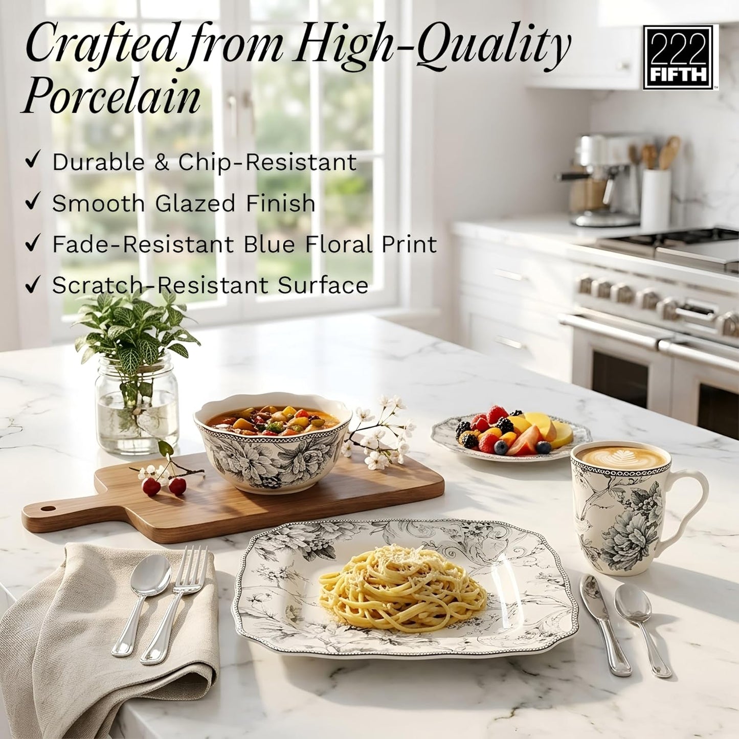222 Fifth Adelaide 16-Piece Square Floral Dinnerware Set – Service for 4, Grey & White Porcelain Plates & Bowls, for Everyday Dining & Entertainment, Microwave & Dishwasher Safe, Chip Resistant