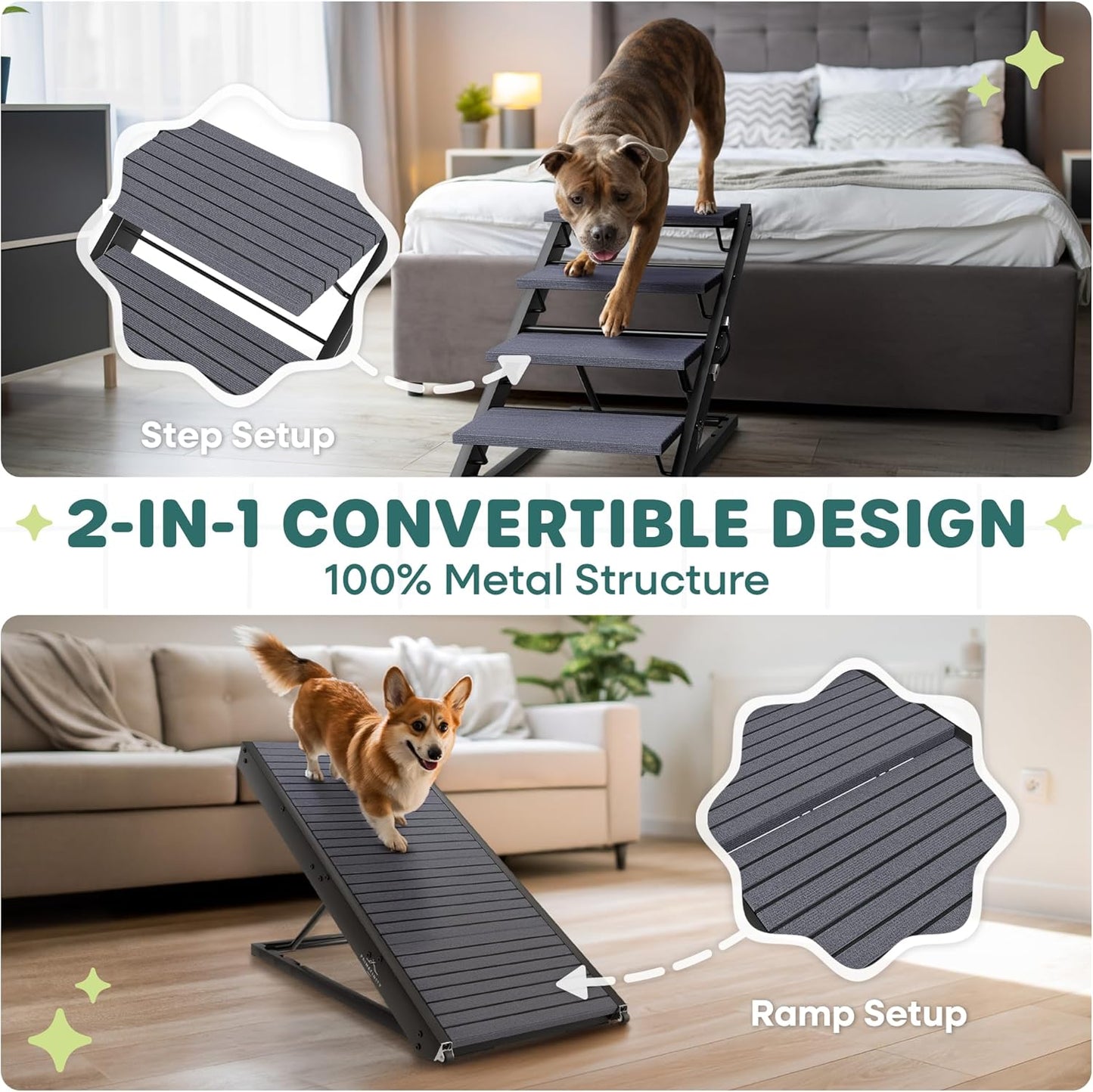 2-in-1 Metal Dog Ramp/Stairs, Dog Ramp for Bed, Couch and Car, Nonslip Carpet, Wheels, up to 250lbs, Outdoor Indoor, (40" Lx17 W) 19" to 25" Adjustable Height, for Small Medium Large Pets