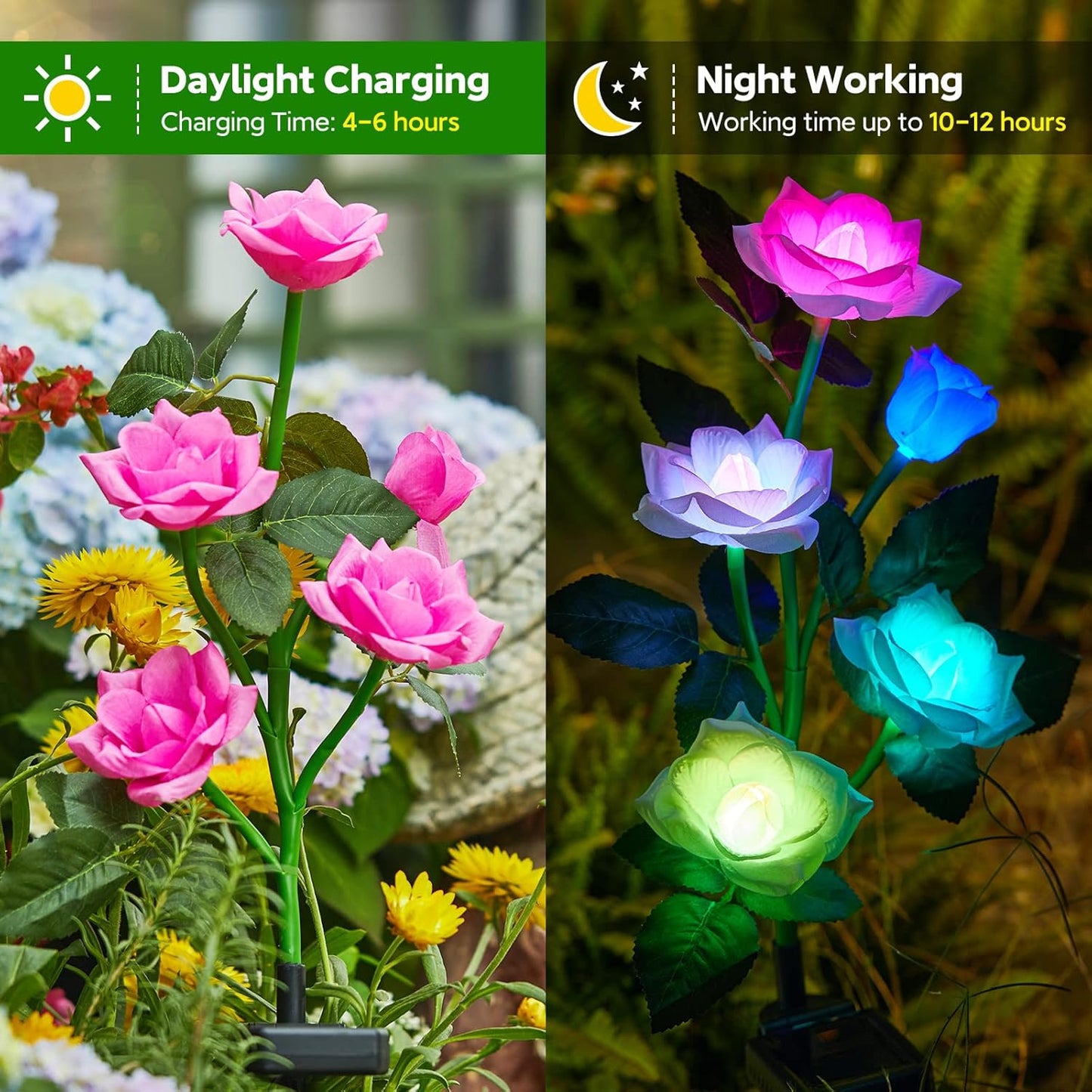 RECHOO Solar Garden Lights Outdoor Decorative, 3 Pack Solar Flower Lights with 15 Rose Flowers, Multi-Color Changing LED Waterproof Garden Decor for Landscape Pathway, Mother's Day Gifts for Women