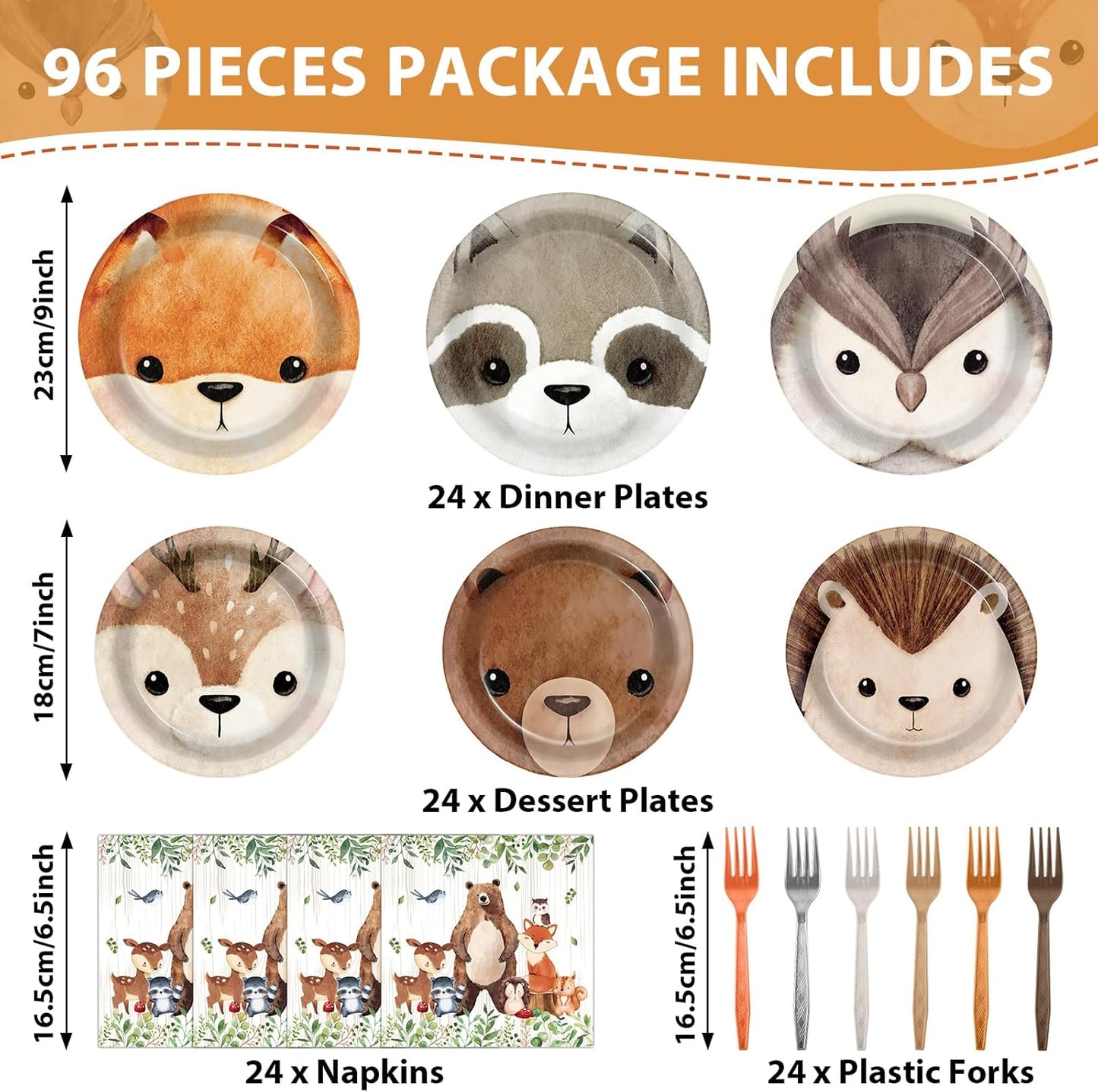 96Pcs Woodland Party Paper Plates and Napkins for Animal Party Decorations Woodland Creatures Dessert Plates Disposable Tableware for Kids Serves 24 Baby Shower Birthday Forest Animal Themed Supplies