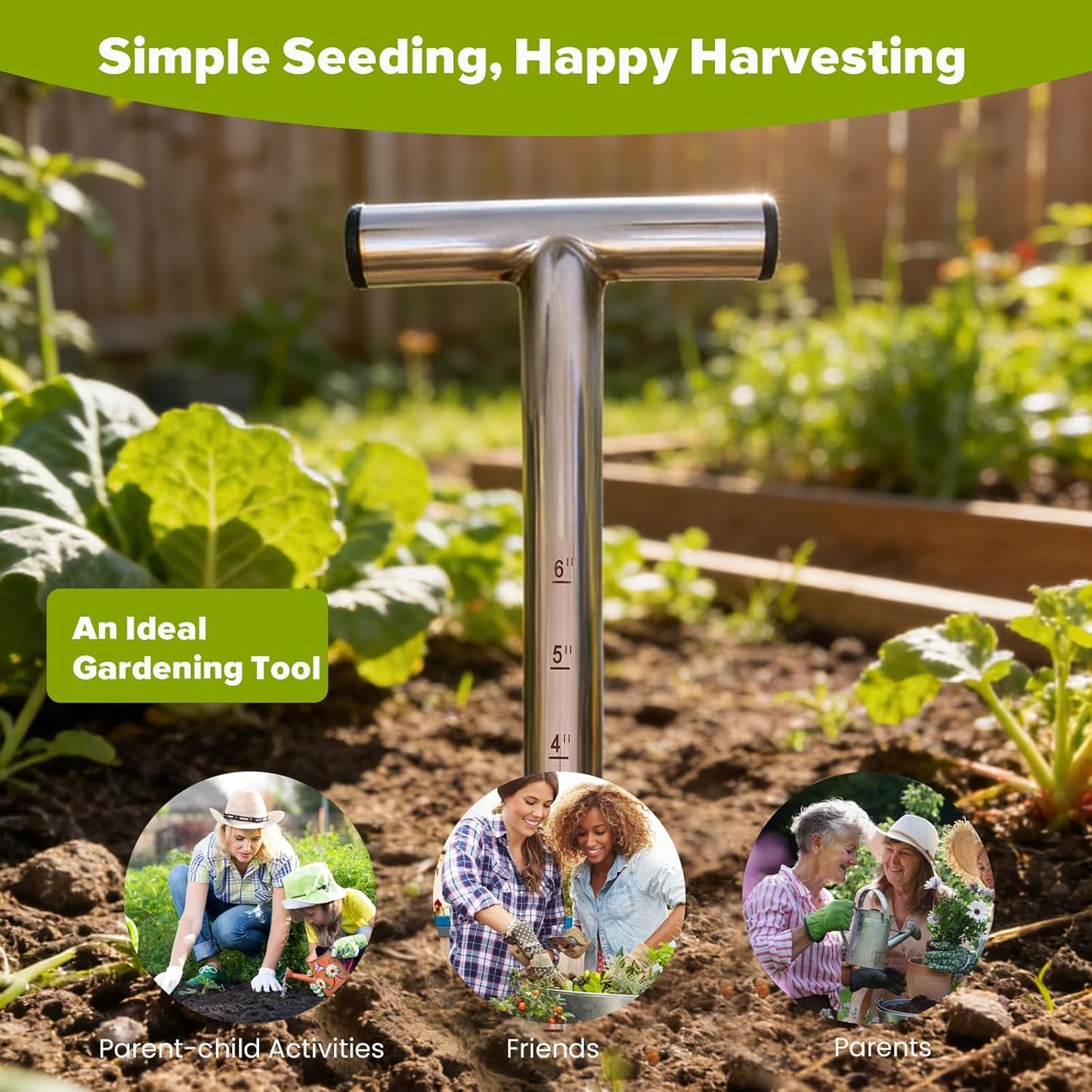 Dibbler Gardening Tool Stainless Steel, Hand Dibber Seed Planter Tool, T-Handle Bulb Planter Tool, Hand Held Hole Digger for Tulip Garden Tool