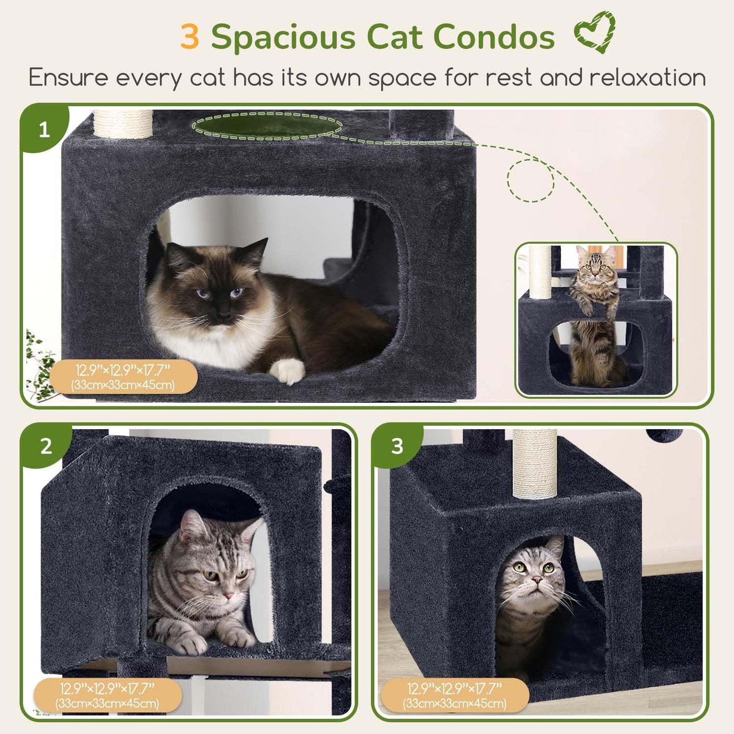 Globlazer Cat Tree for Indoor Cats, 80in Heavy Duty Cat Tower with 6 Full Wrapped Sisal Scratching Posts, 3 Spacious Multi-Level Cat Condos, Oversized Fan-Shaped Perch, S80, Dark Grey