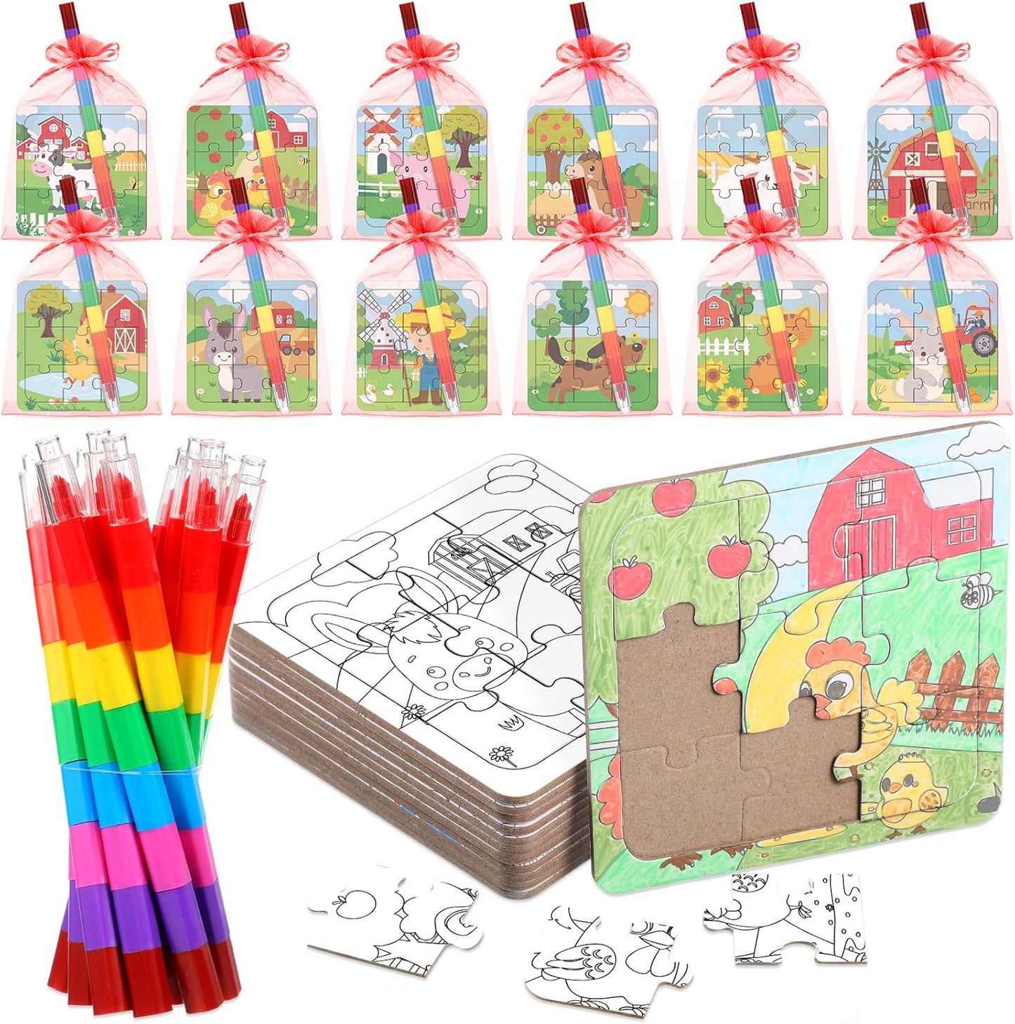 12 Sets Farm Animal Puzzles Barnyard Color Your Own Puzzles DIY Barn Theme Jigsaw Crafts with 12 Stackable Crayons 12 Bags for Farmhouse Animal Gifts Birthday Party Supplies Favors