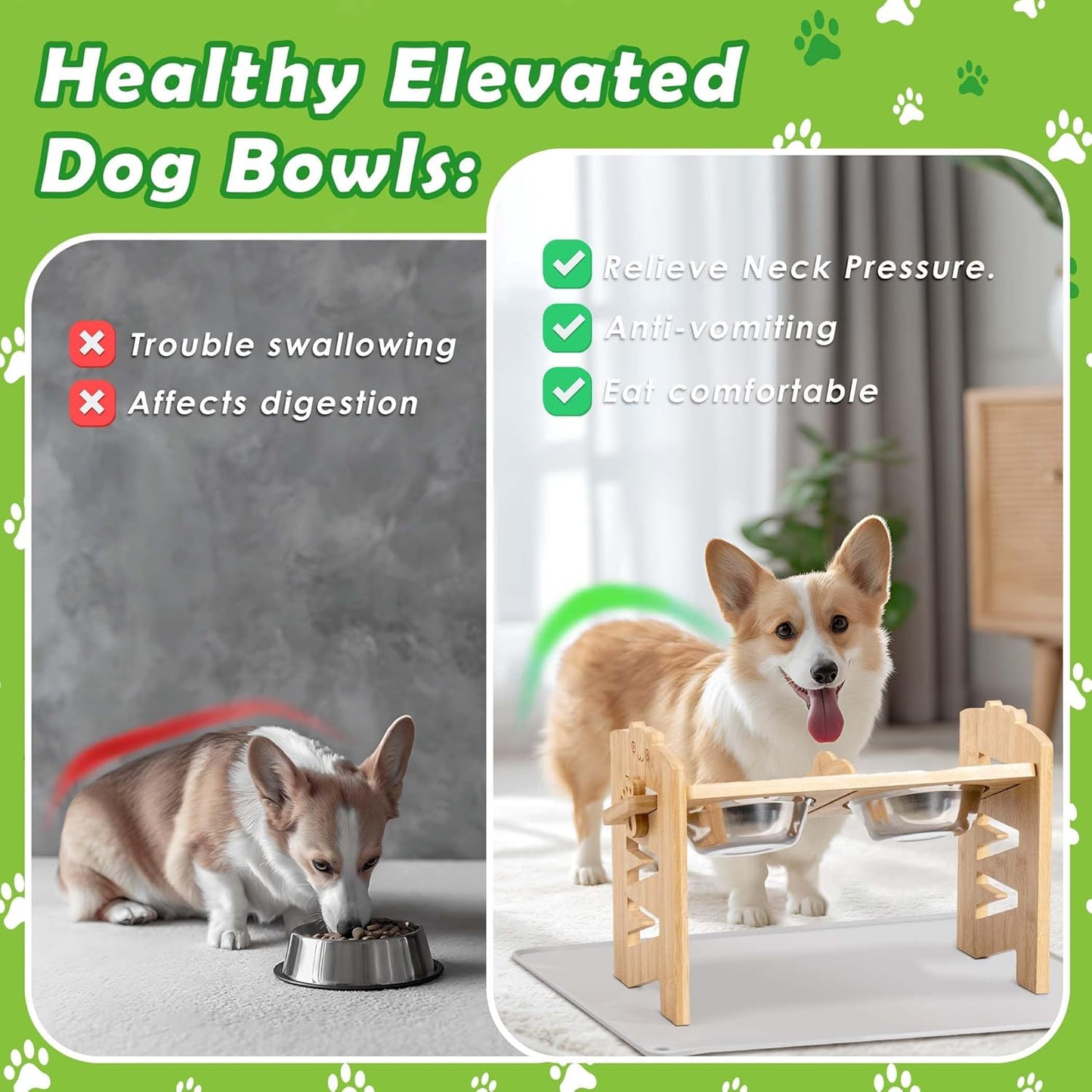 Lavievert Elevated Dog Bowls Stand with 6 Height Adjustable & Splash-Proof Mat - 2 Thick Stainless Steel Pet Food Bowls for Medium/Small Dogs - Raised Dogs & Cats Feeder with Waterproof Base