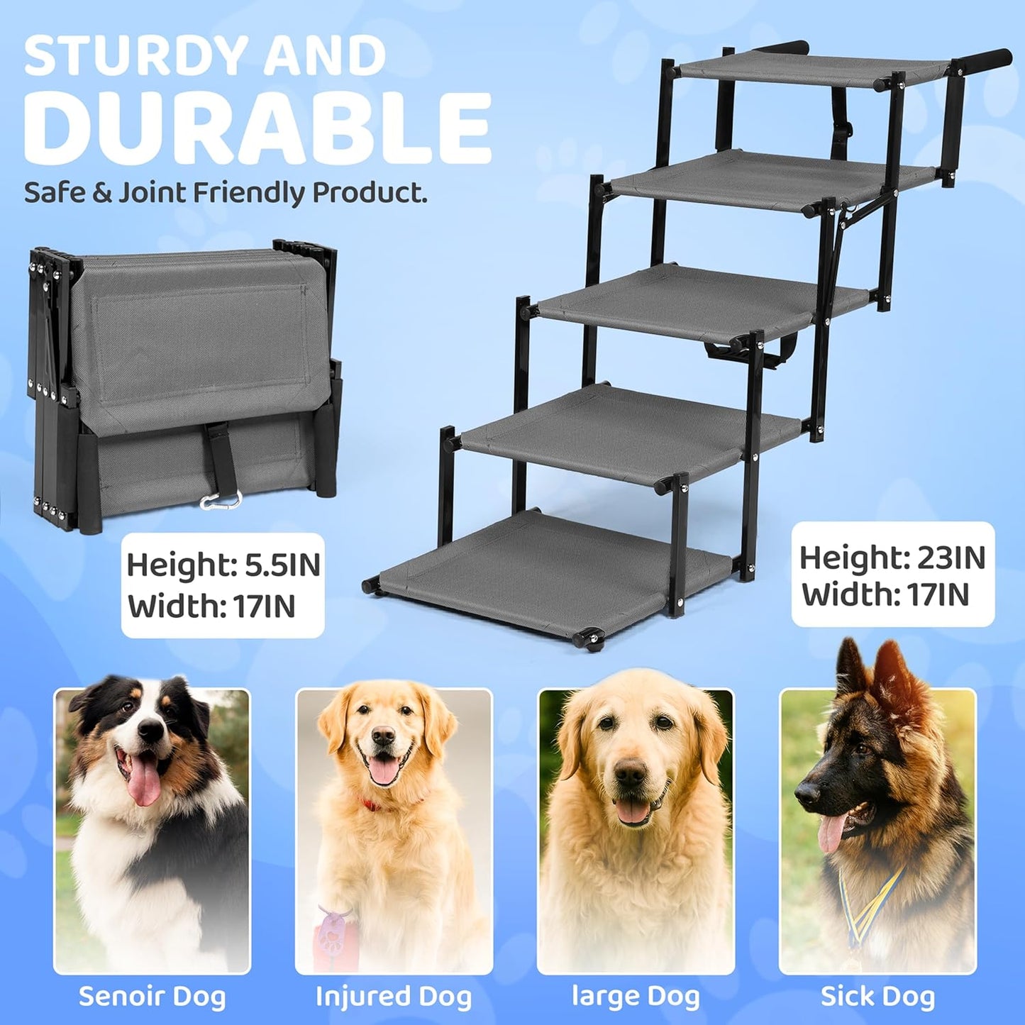 Dog Car Stairs – Portable Non-Slip Pet Stairs for High Cars, SUVs & Trucks, Foldable Design, 200 lb Support | EOSET