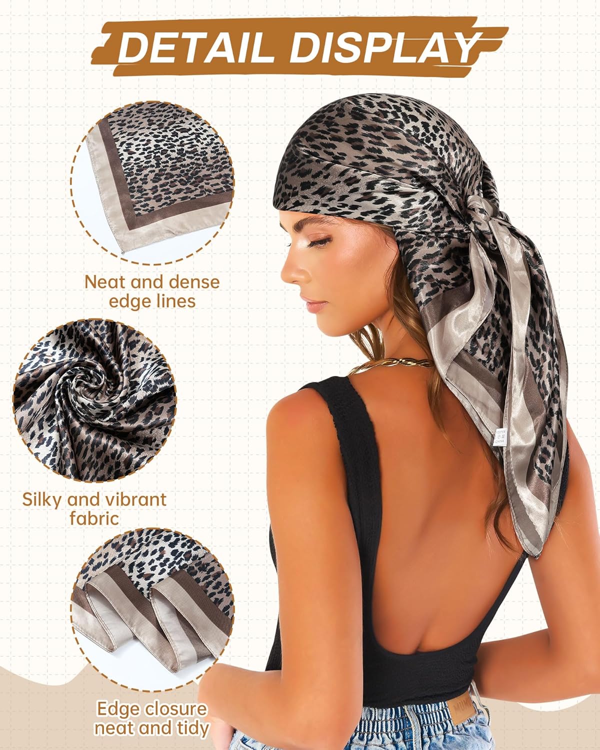 Mesovor 35” Square Head Scarf for Women, 3 Pack Like Silk Satin Headscarf Hair Neck Scarf Top Bandanas for Sleeping