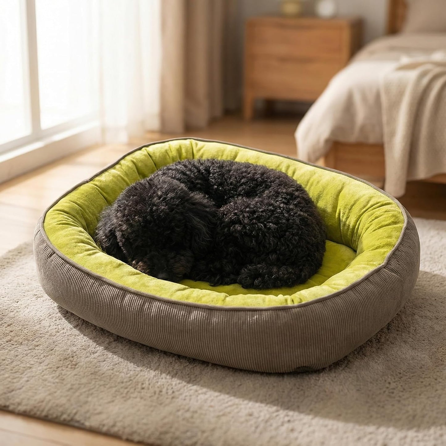 Calming Dog Bed for Medium Dogs 26"x18" - Orthopedic Washable Pet Bed with Anti-Slip Bottom, Indoor Soft Cat Bed with Removable Cover (Lime Green)