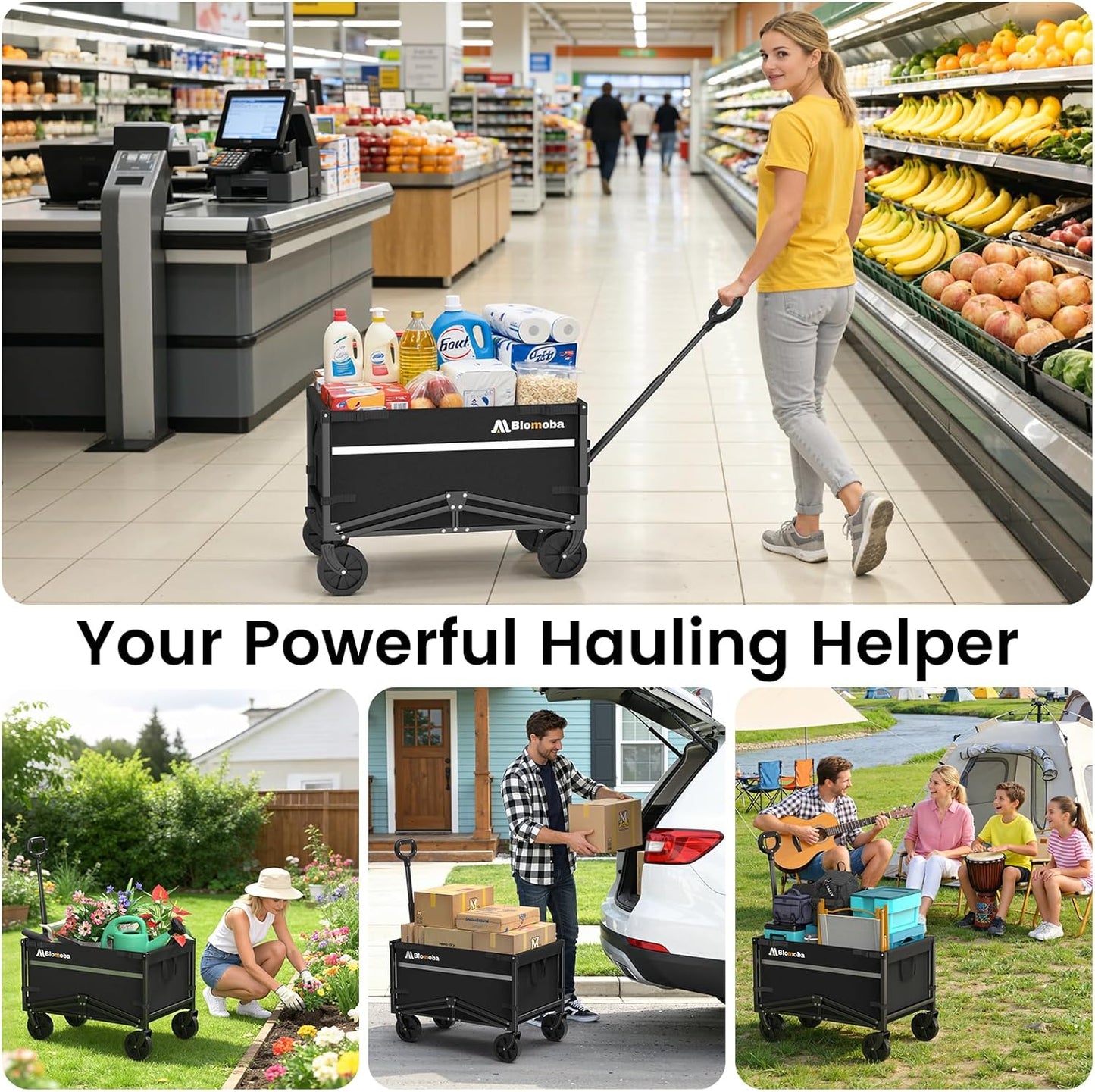 Collapsible Wagon Cart, Flexible Handle, Portable Collapsible Wagon with All-Terrain Wheels 360° Rotation, 220LBS Heavy Duty Utility Cart for Garden Camping Grocery Sports Shopping Beach
