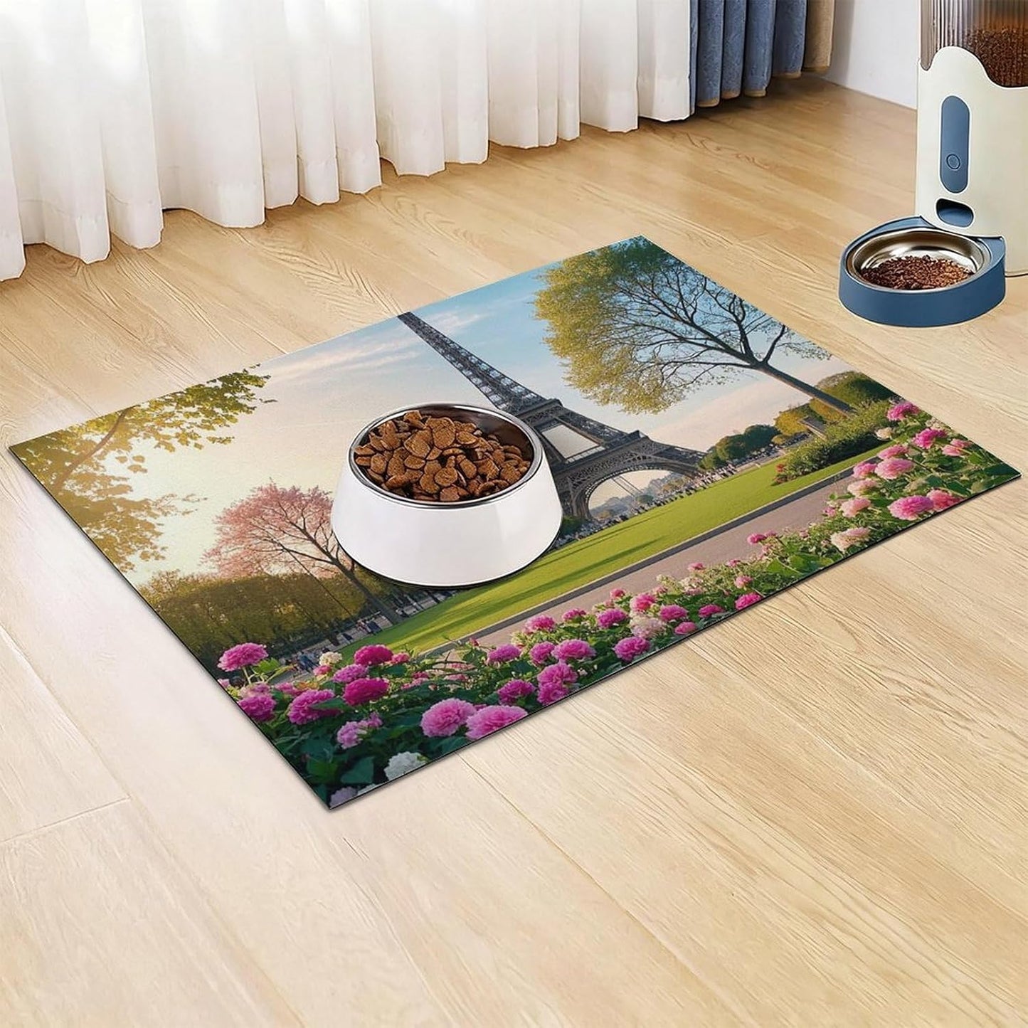 Dog Food Mat Pet Leather Tablecloth Paris Eiffel Towers Flower Pet Feeding Mat Anti-Slip Dog Bowl Mats Absorbent Pet Placemats for Dogs Protect Floor Dogs Pad for Food and Water