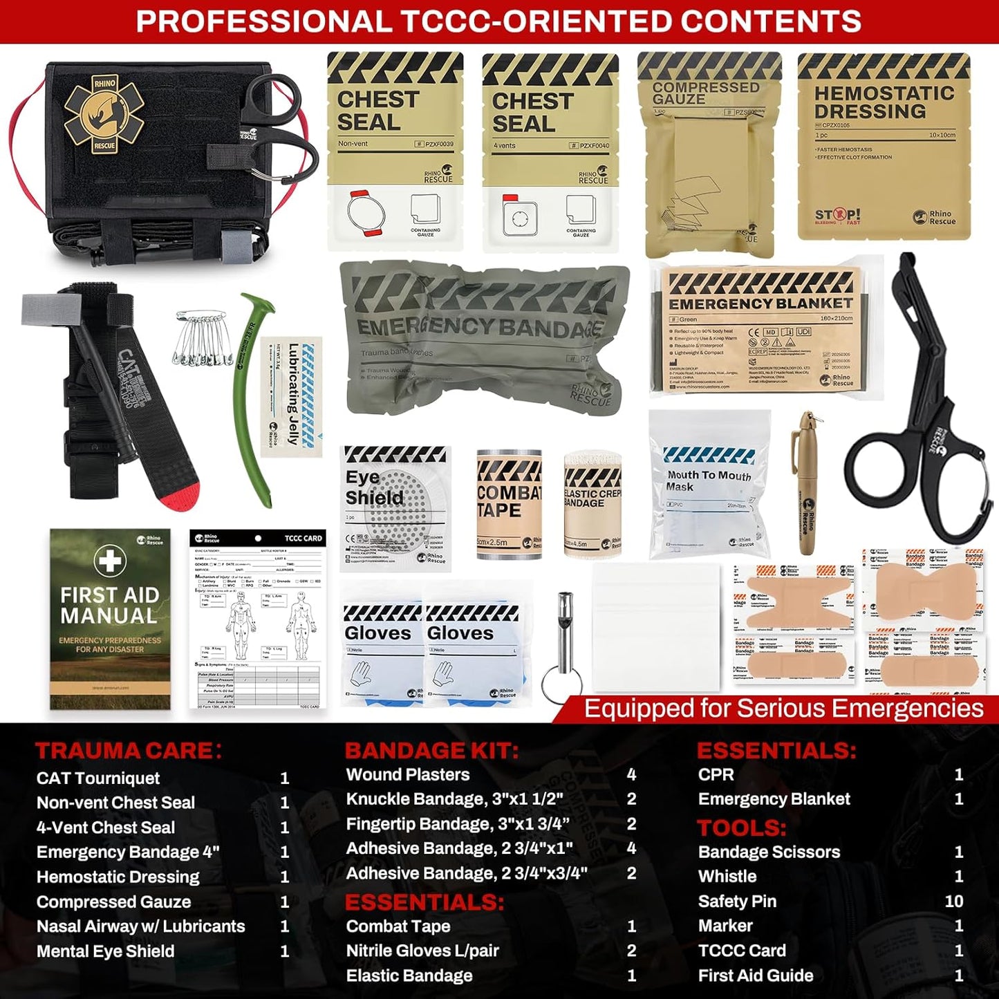 RHINO RESCUE Car Tactical IFAK Trauma Kit with C-A-T Tourniquet, First Aid Kits for Vehicles, Molle Pouch for Military, Combat, Car, Van, ATV