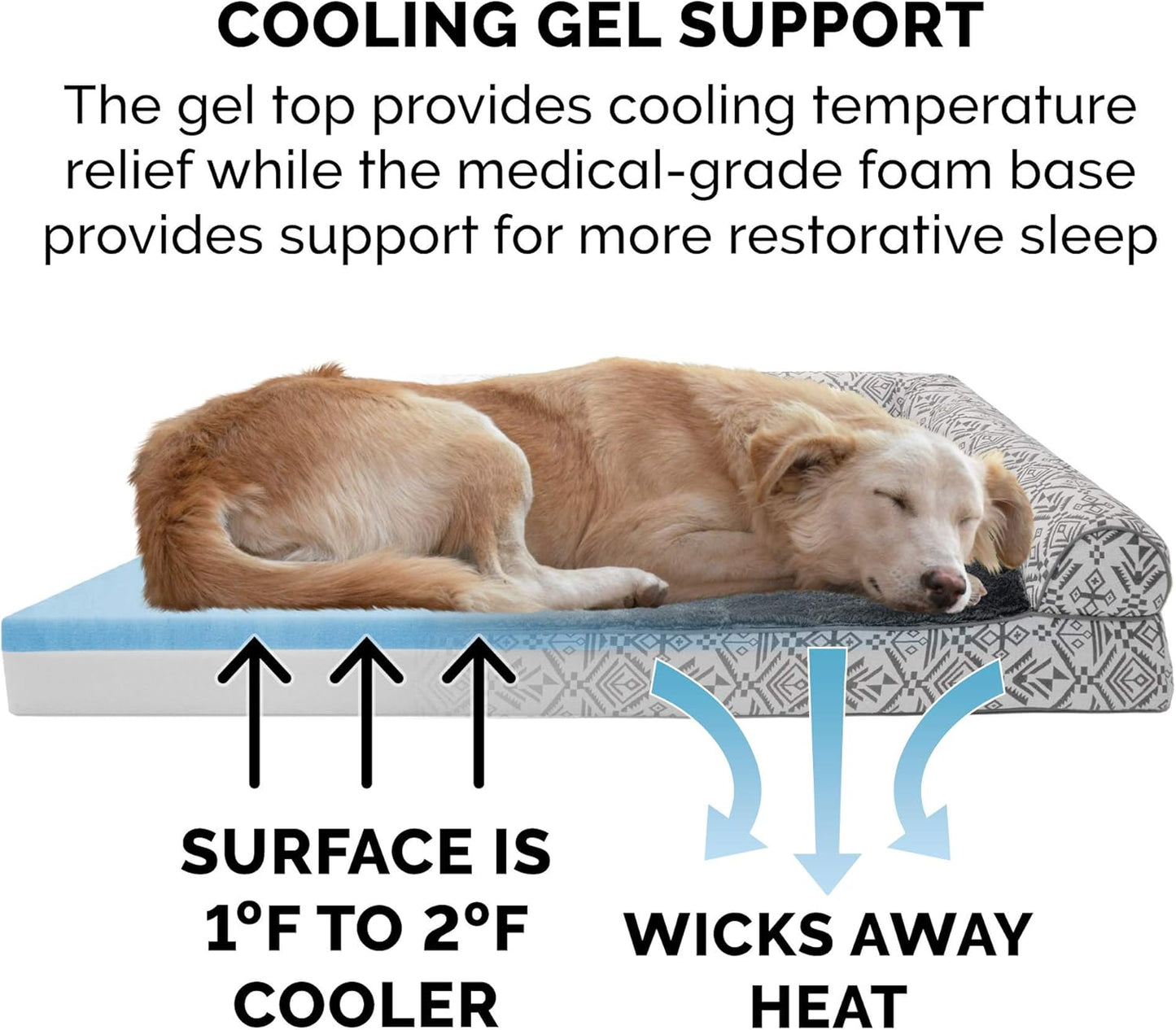 Furhaven Cooling Gel Dog Bed for Large Dogs w/ Removable Bolsters & Washable Cover, For Dogs Up to 125 lbs - Plush & Southwest Kilim Woven Decor Sofa - Boulder Gray, Jumbo Plus/XXL