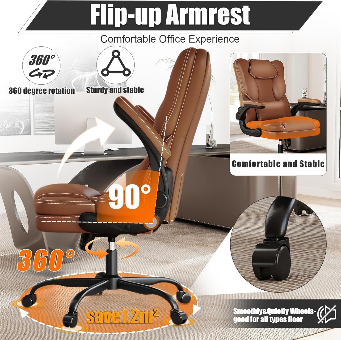 Ergonomic Office Chair with Flip-up Armrests 300lbs,Middle- Tall Computer Office Desk Chair with Lumbar Support,Executive PU Leather Chair with Rocking Function Adjustable Height for Home Office