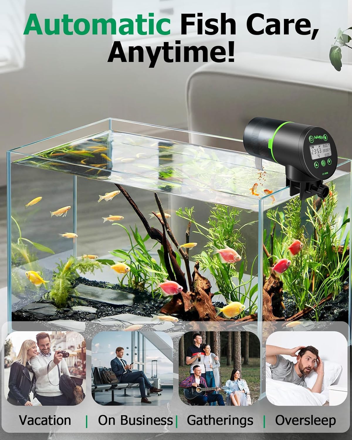 Automatic Fish Feeder for Aquarium, Auto Fish Food Dispenser with Timer and Feeding Ring, Moisture-Proof, Smart Fish Tank Vacation Feeder with 2 AAA Batteries