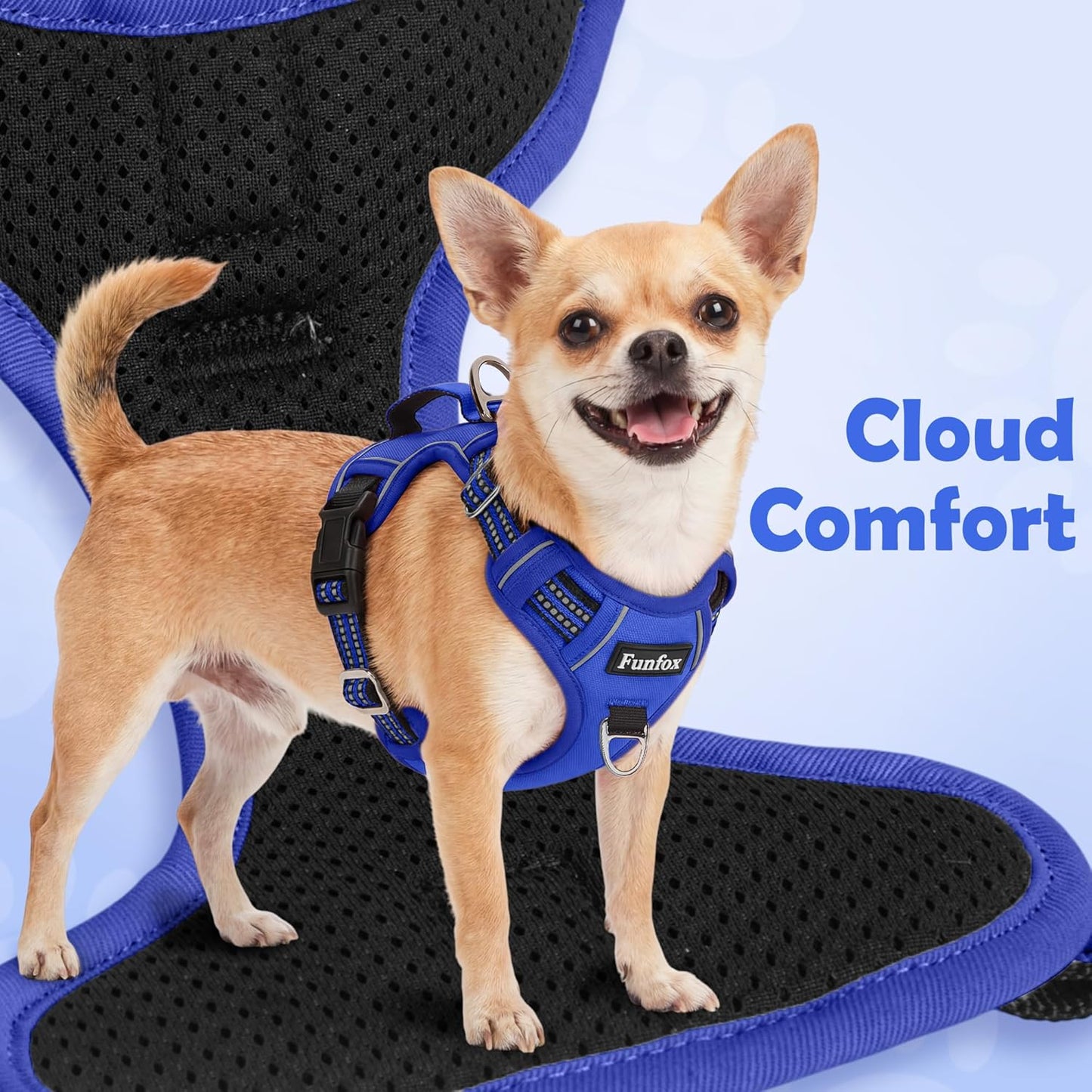 Funfox Dog Harness Medium No Pull, Adjustable 2 Clips Anti-Pull Vest with Practical Handle, Breathable Padded Pet Harness Designed for Small/Large Breeds, Reflective Training Walking Blue M